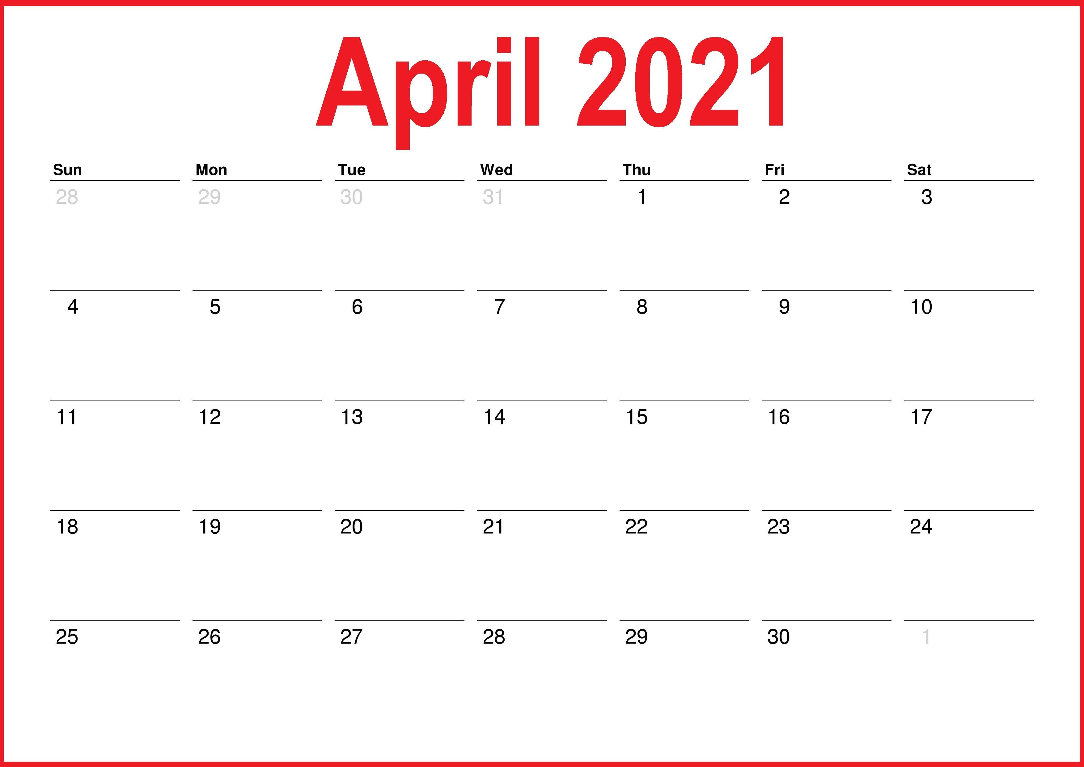 2021 April Calendar Printable