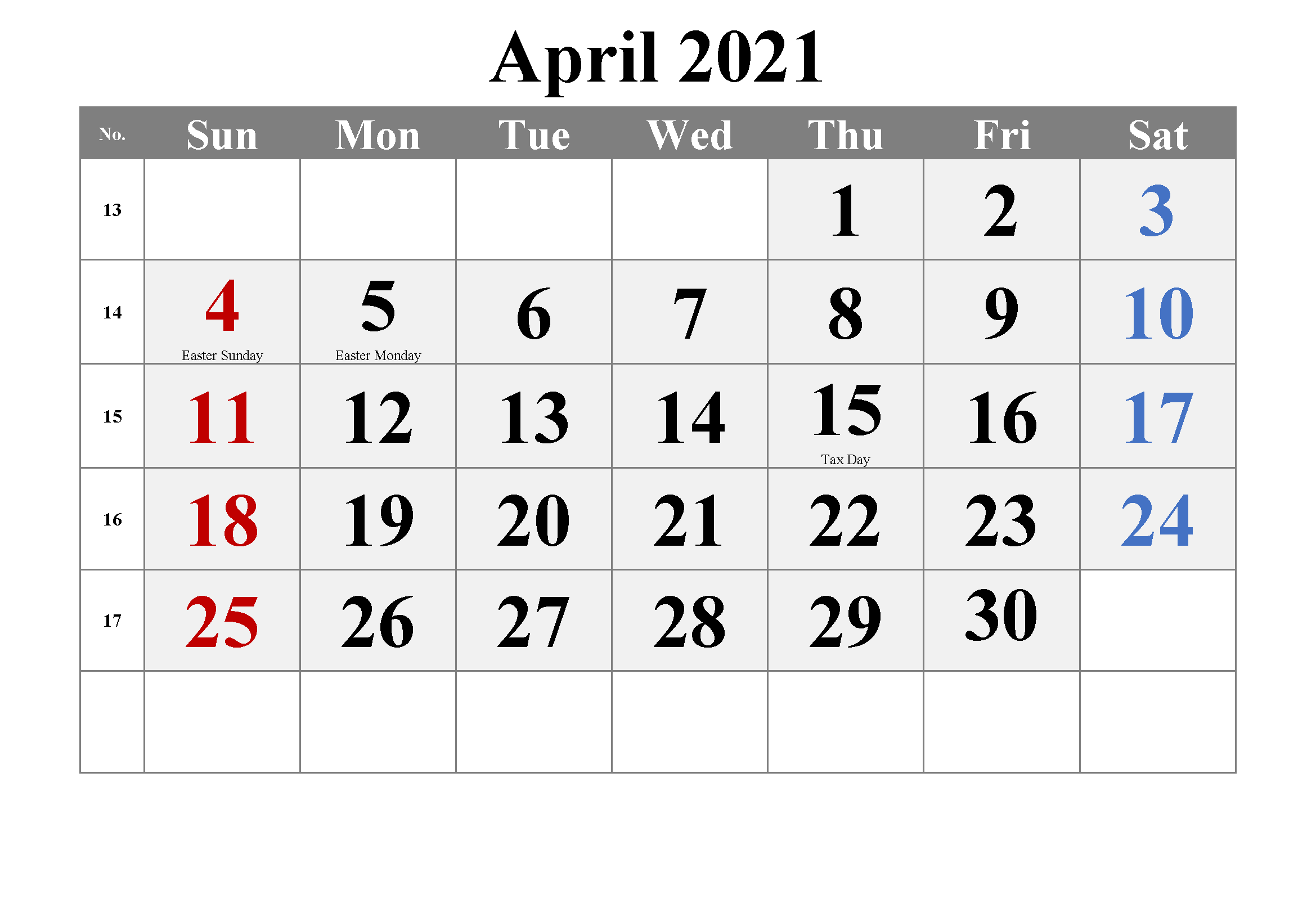Blank April 2021 Calendar Free Download