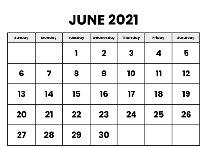 Editable June 2021 Calendar Blank