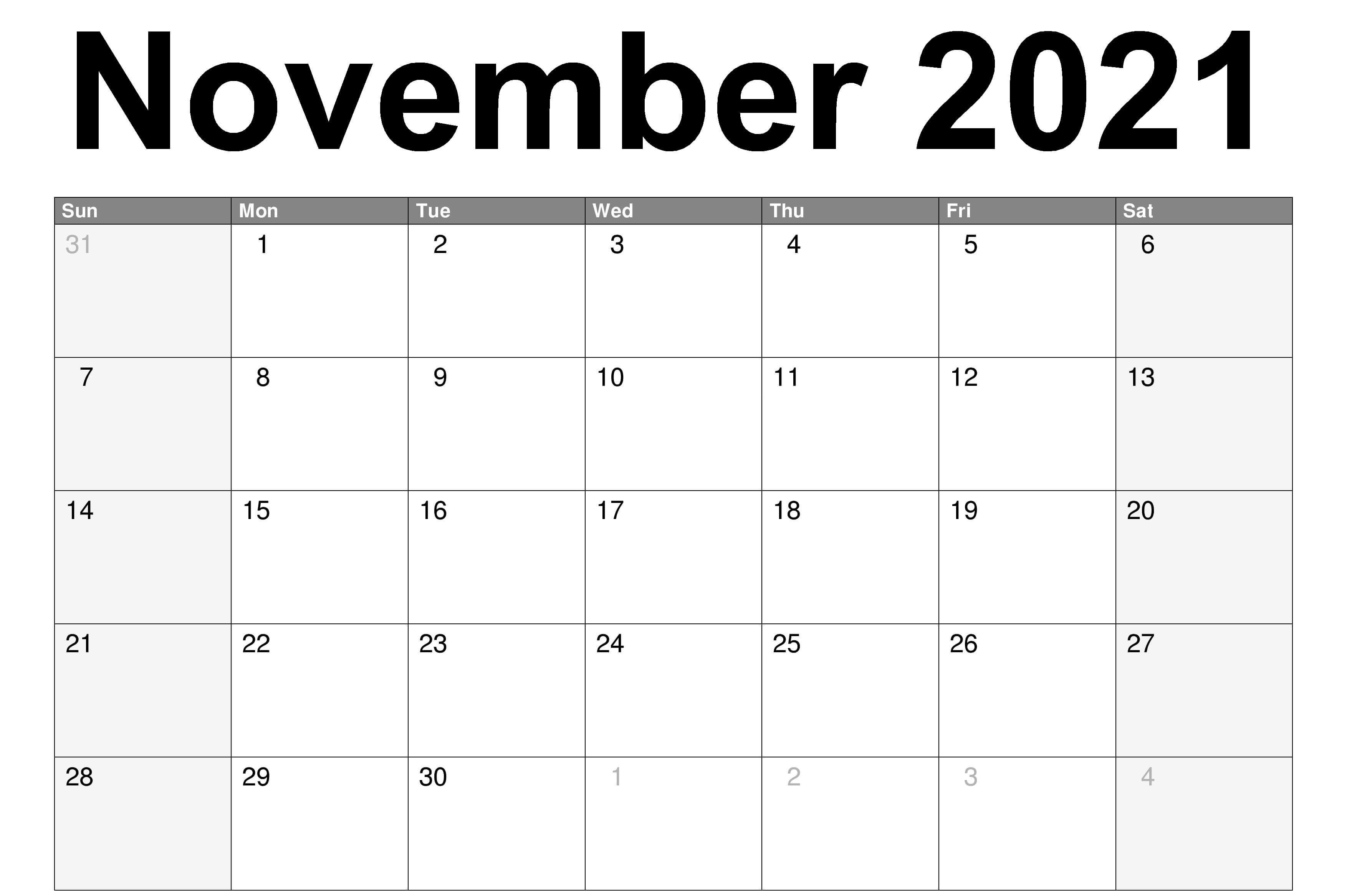 Editable November 2021 Calendar Word