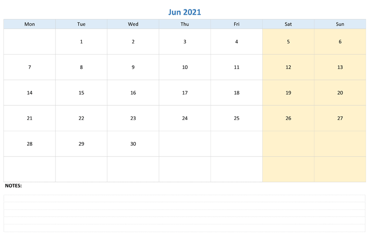 Fillable June 2021 Calendar with Notes