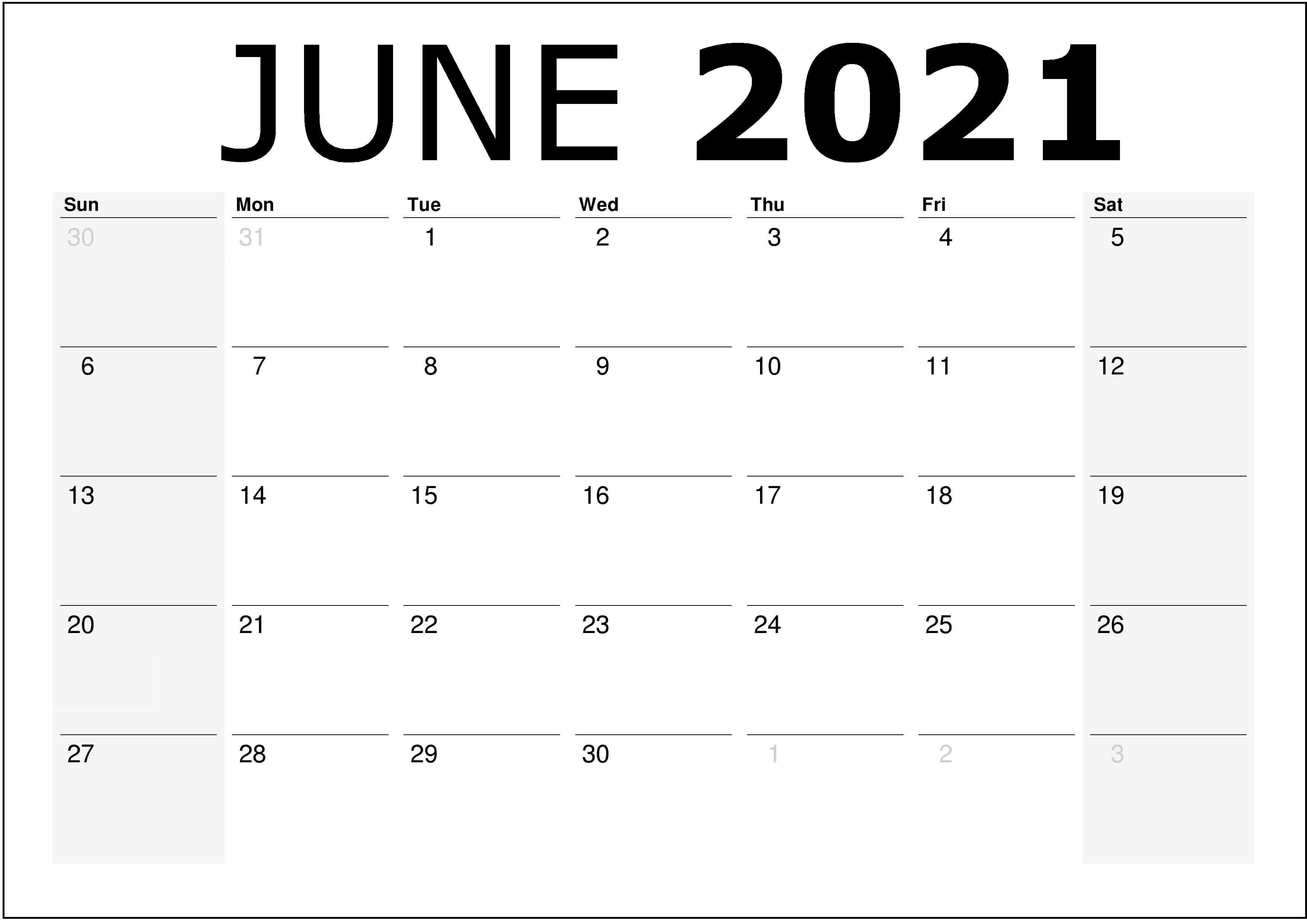 Monthly Calendar Template June 2021