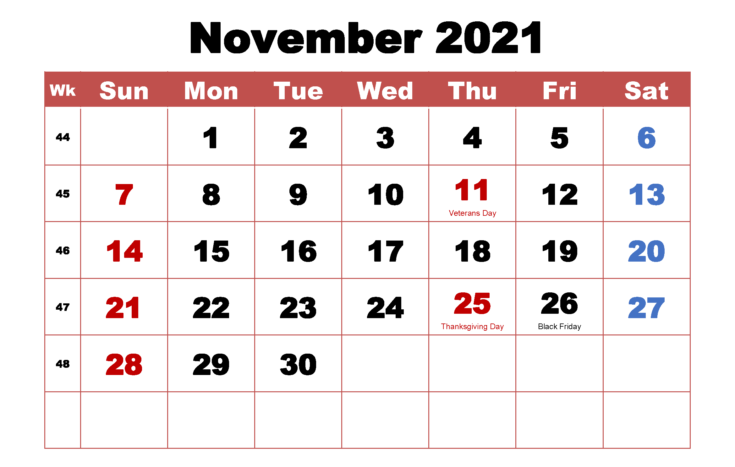 Monthly November Calendar 2021