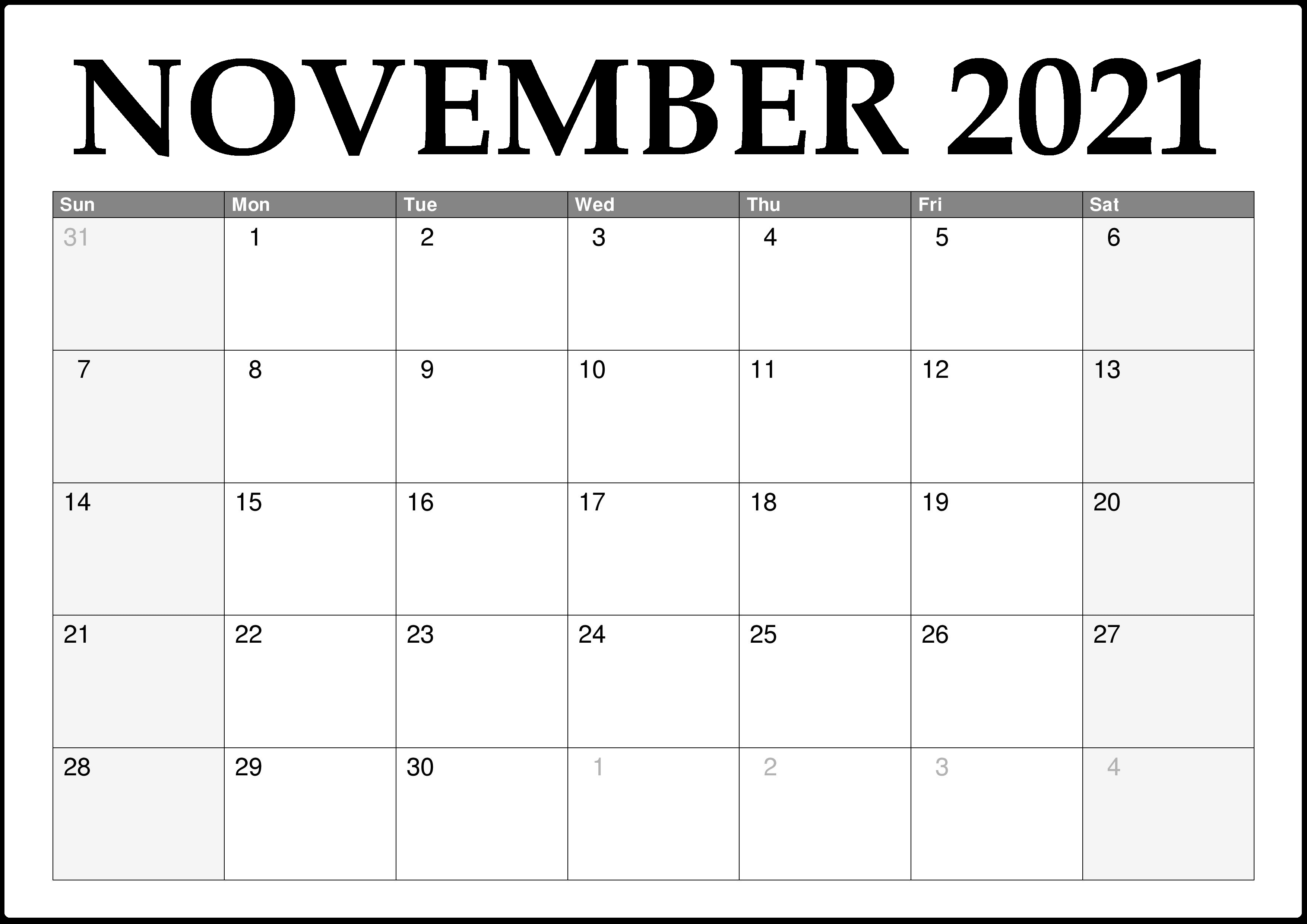 November 2021 Calendar Word