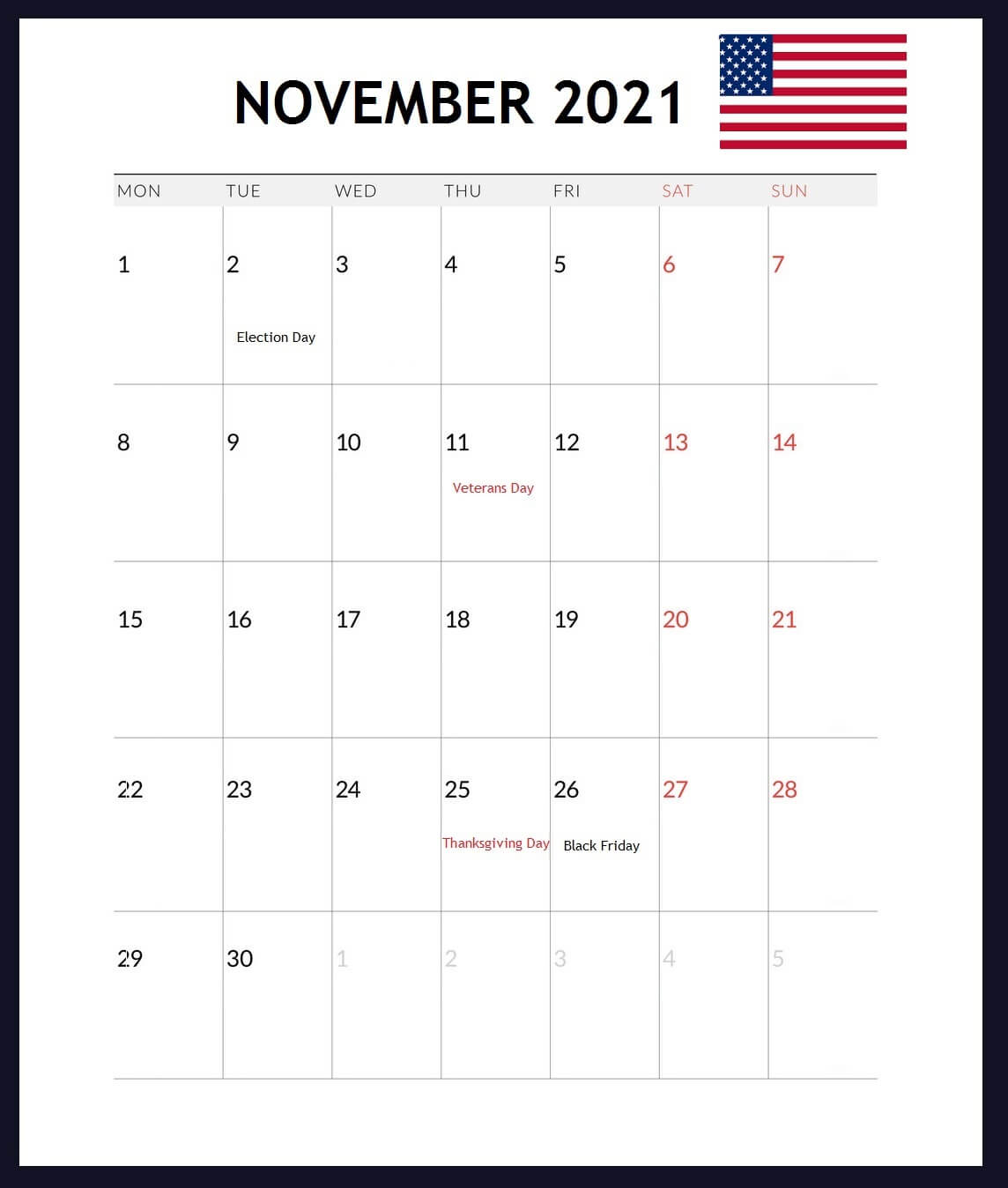 USA Holidays Calendar November 2021