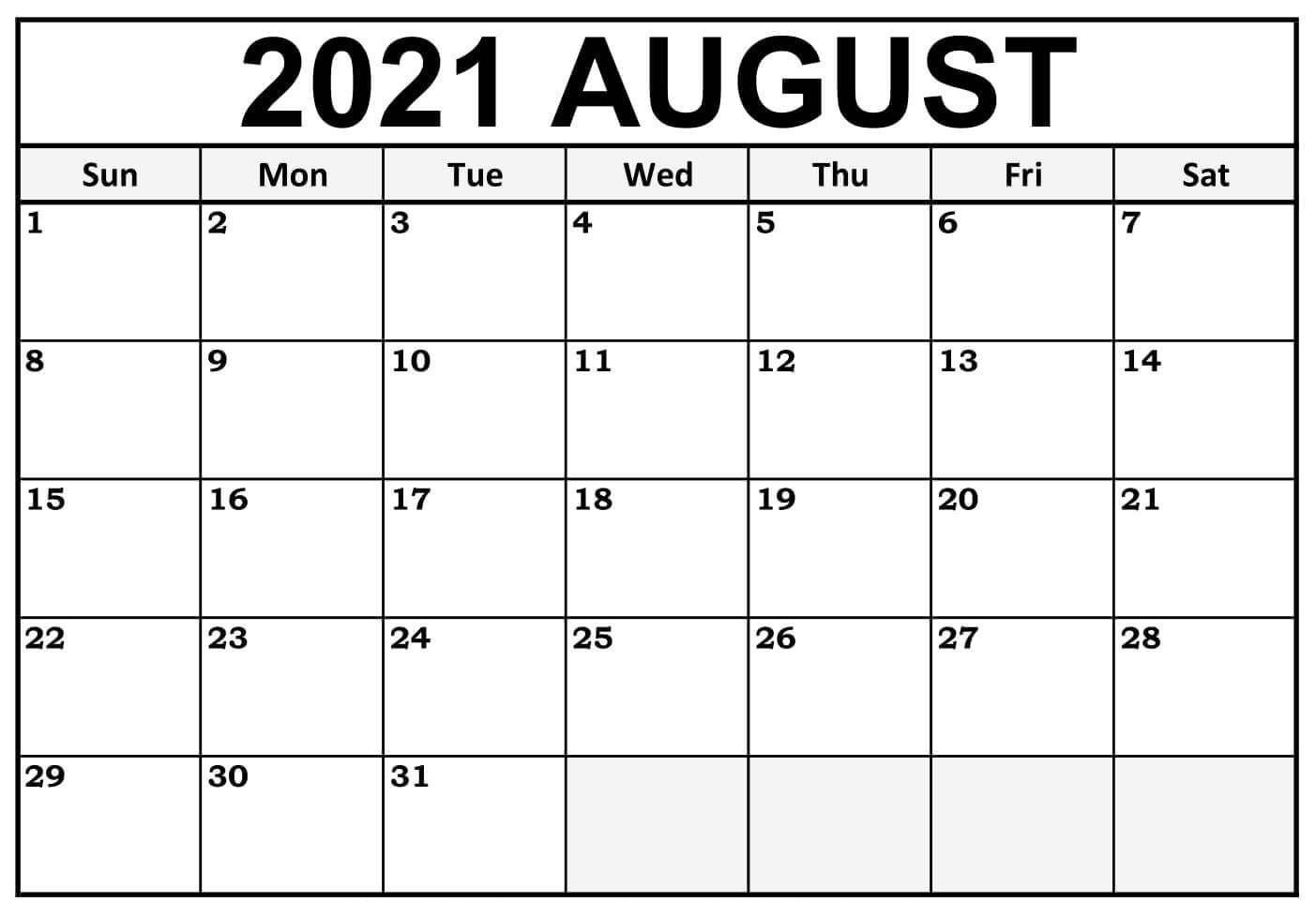 2021 August Editable Calendar