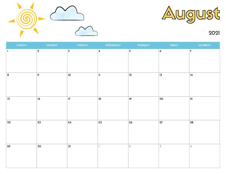 August 2021 Calendar For Kids