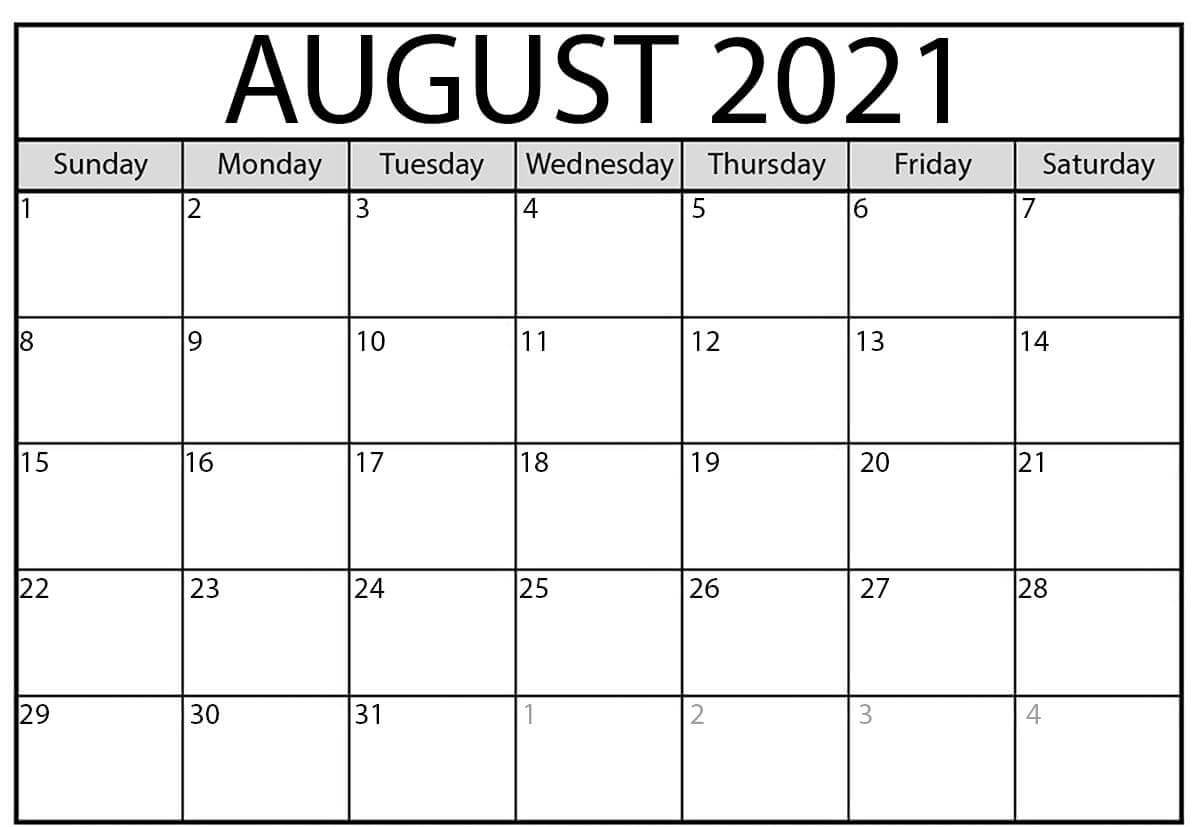 Blank August 2021 Printable Calendar