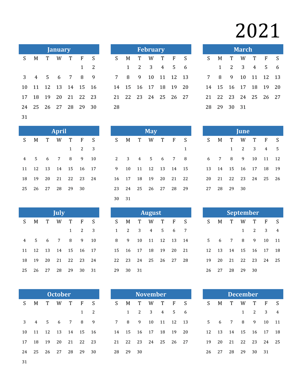 Blank Printable 2021 Calendar Template