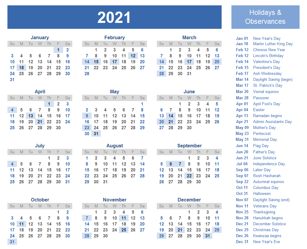 Printable Calendar 2021 Template