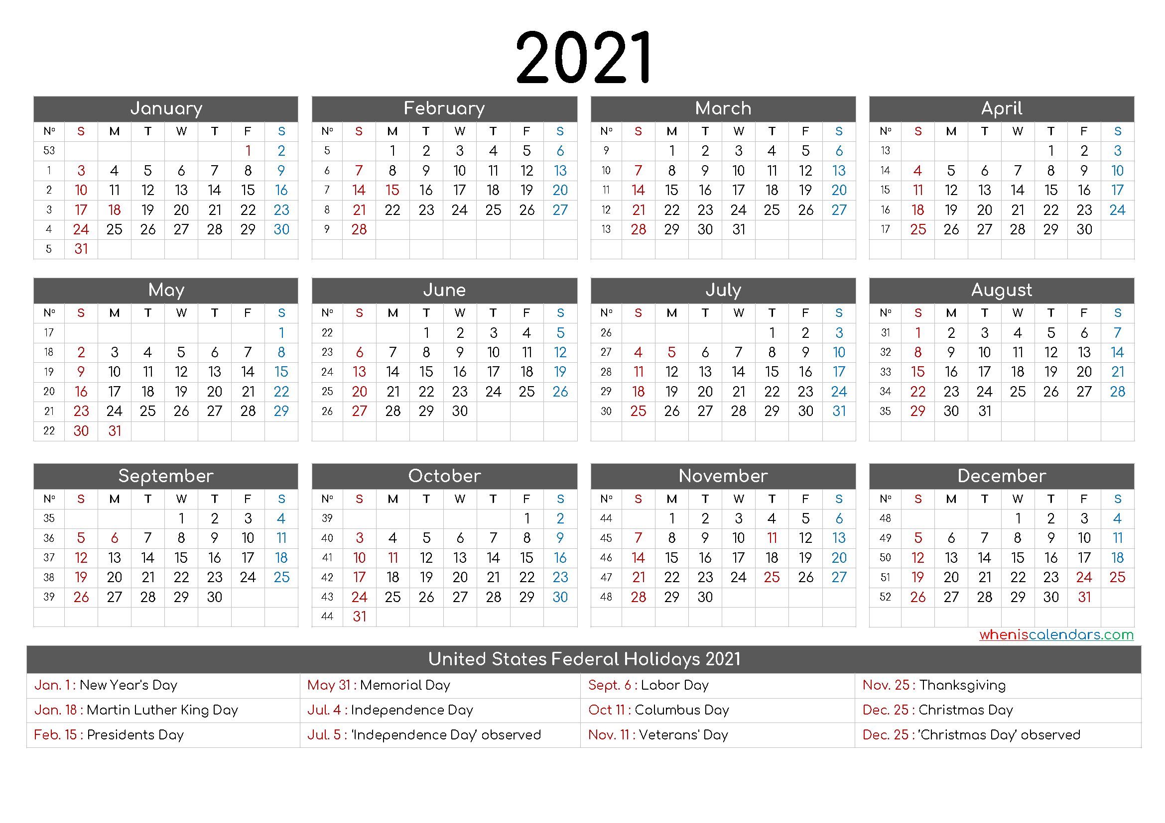 Free Printable 12 Month 2021 Calendar