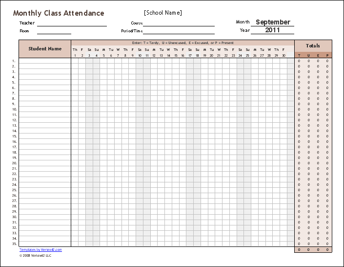 Monthly Class Attendance Sheet