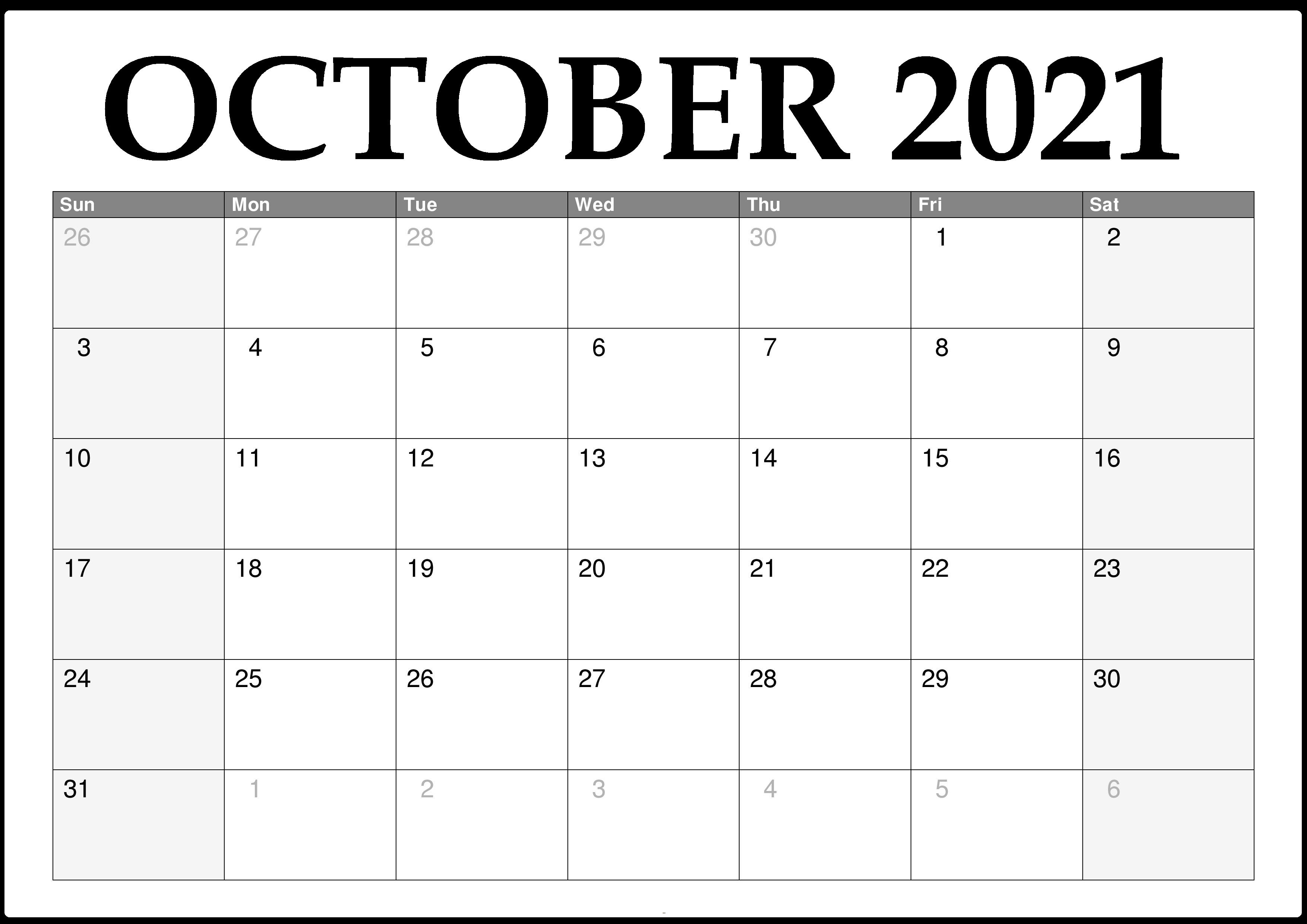 2021 October Calendar Template