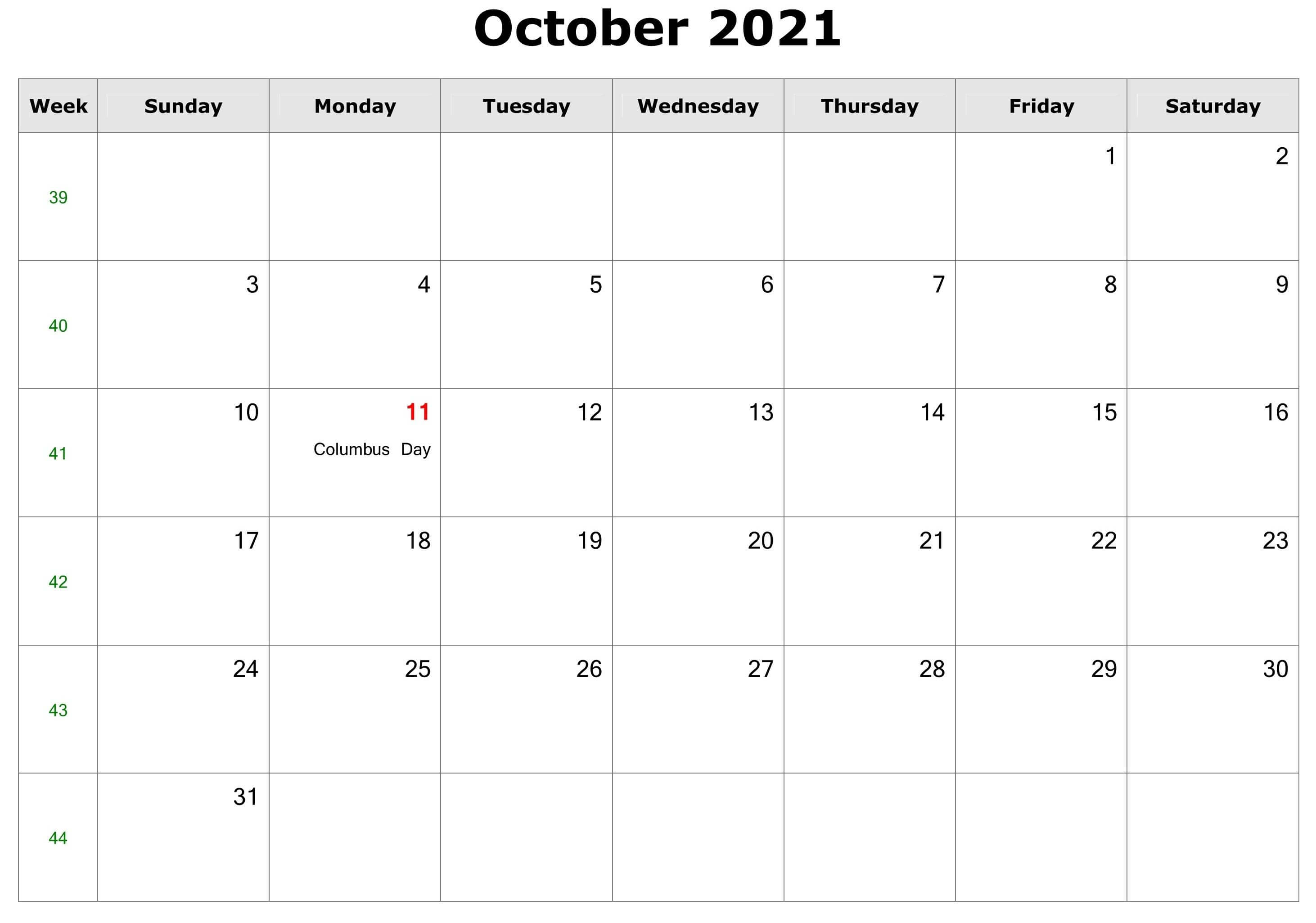 2021 October Calendar With Holidays
