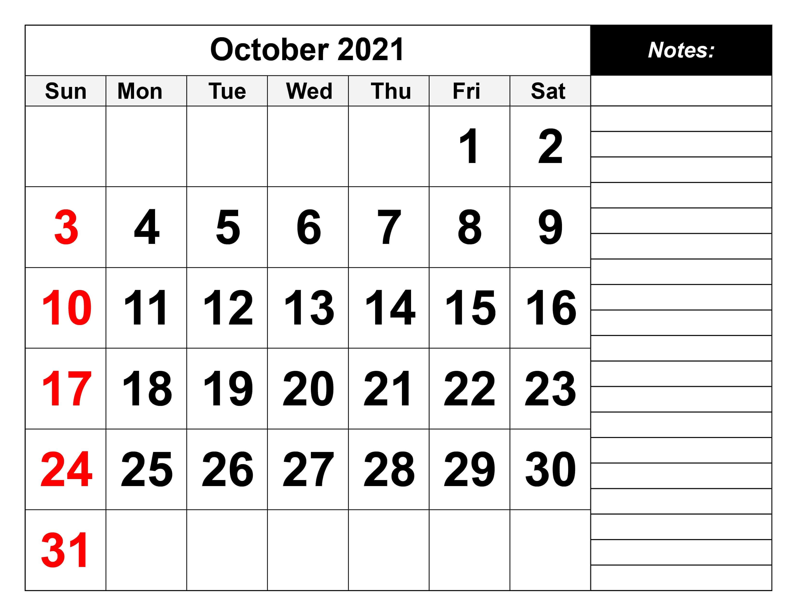 Editable October 2021 Calendar With Notes