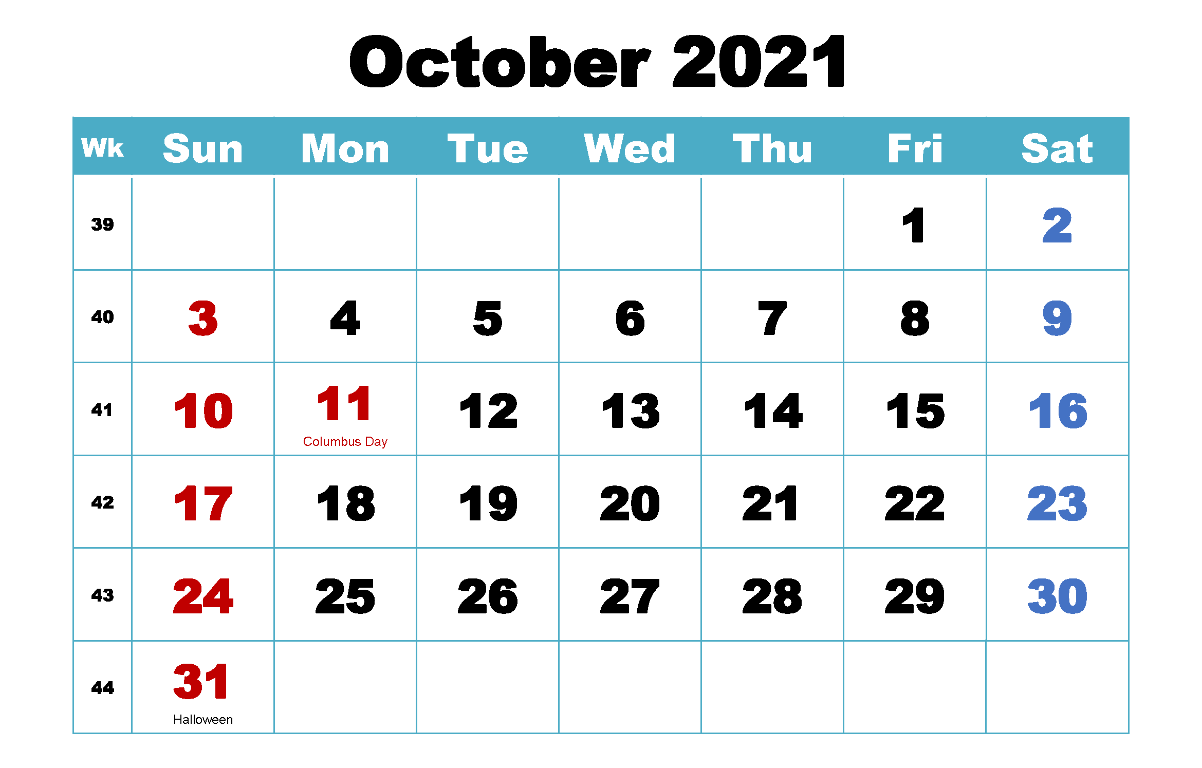 Monthly October 2021 Calendar PDF
