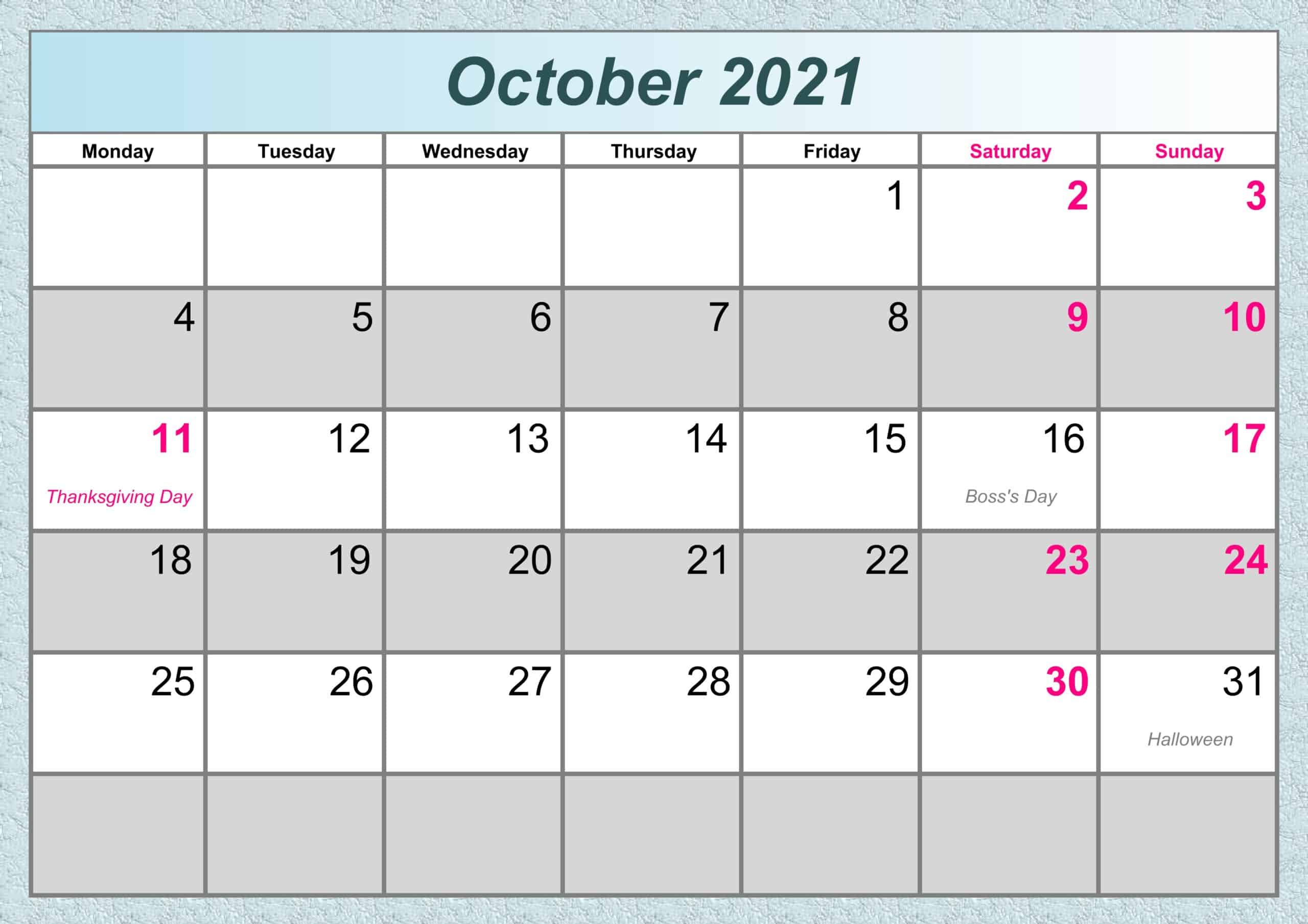 Monthly Octoeber 2021 Calendar Word