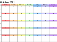 October 2021 Calendar Excel