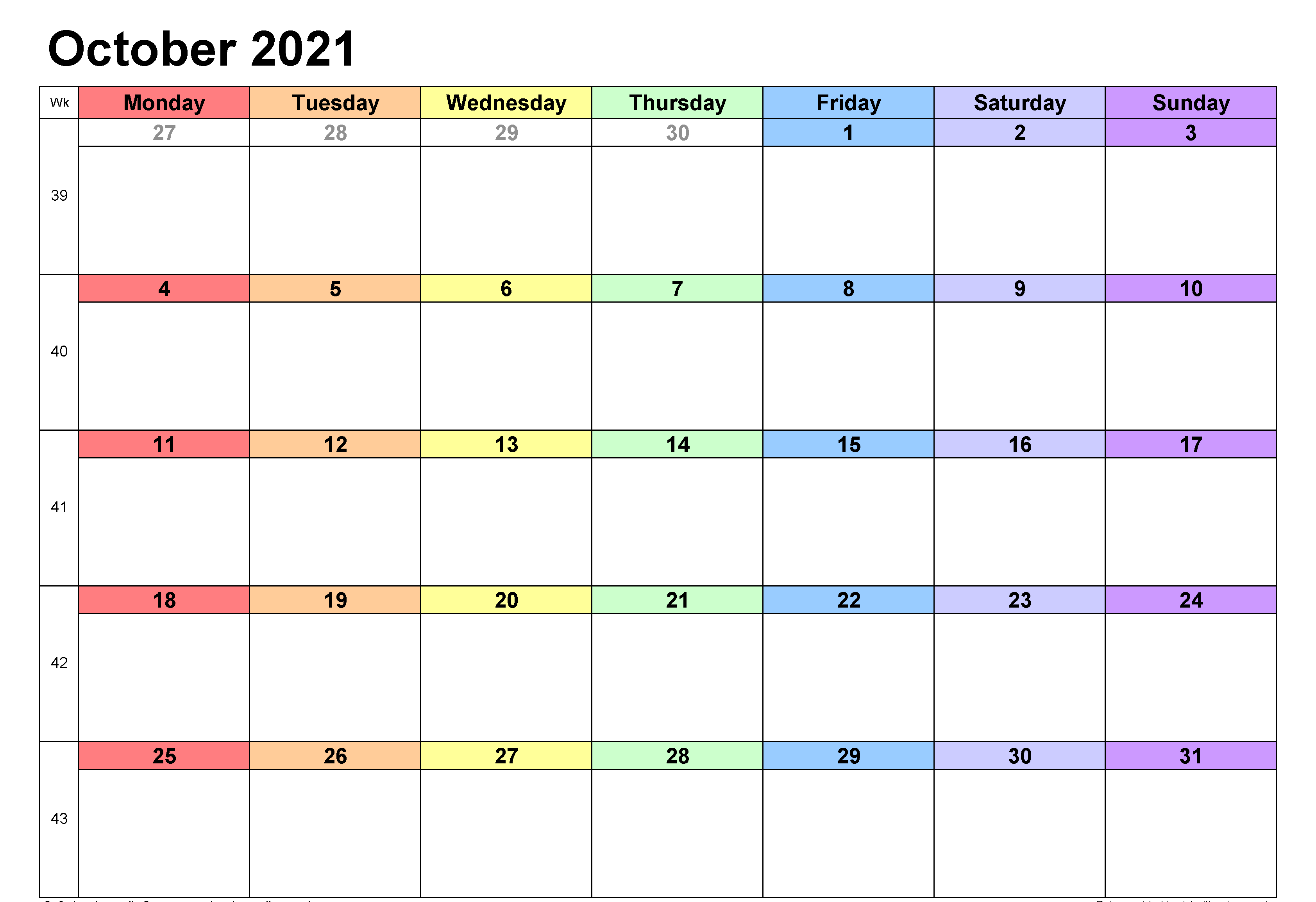 October 2021 Calendar Excel
