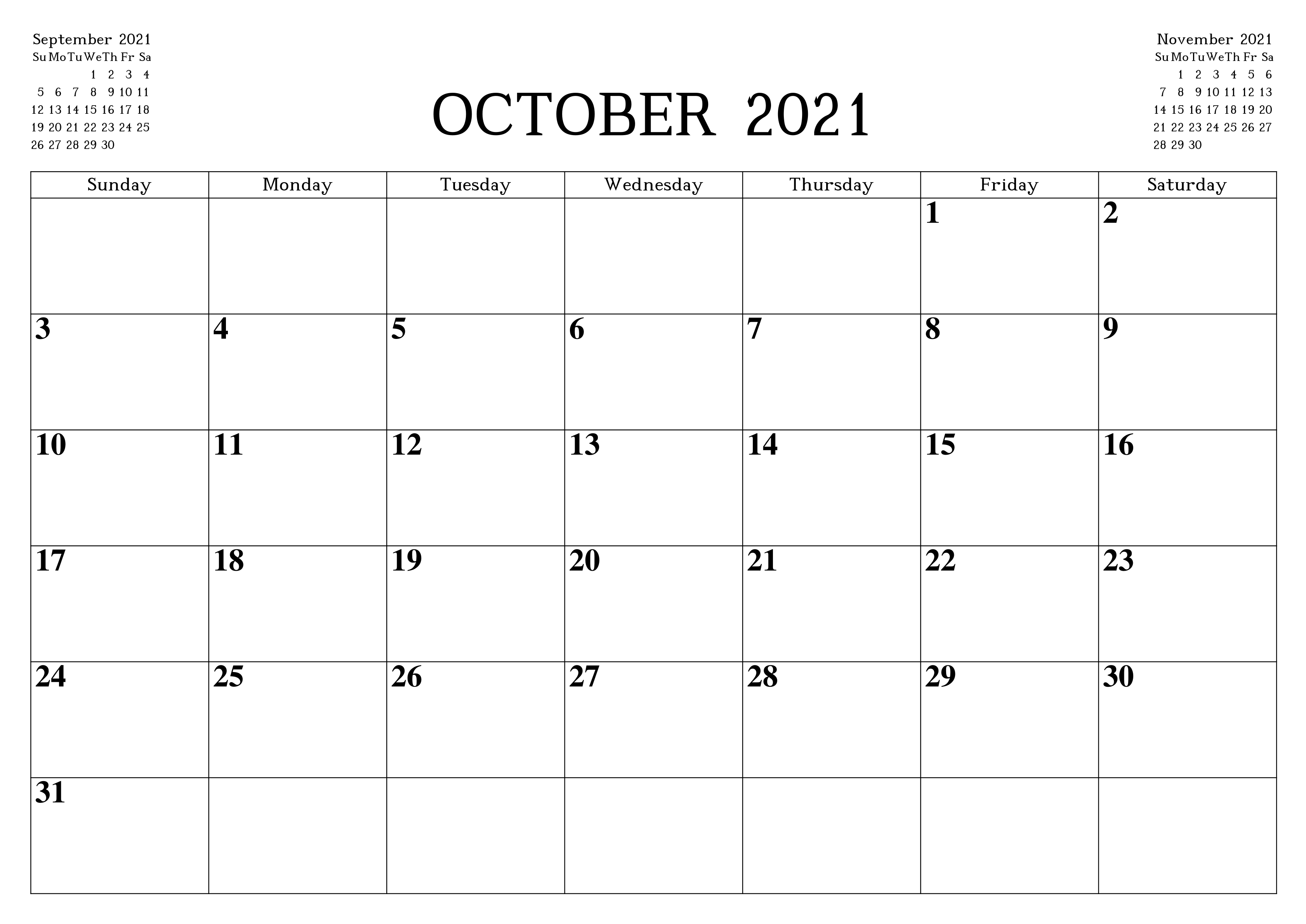 Printable October 2021 Blank Calendar