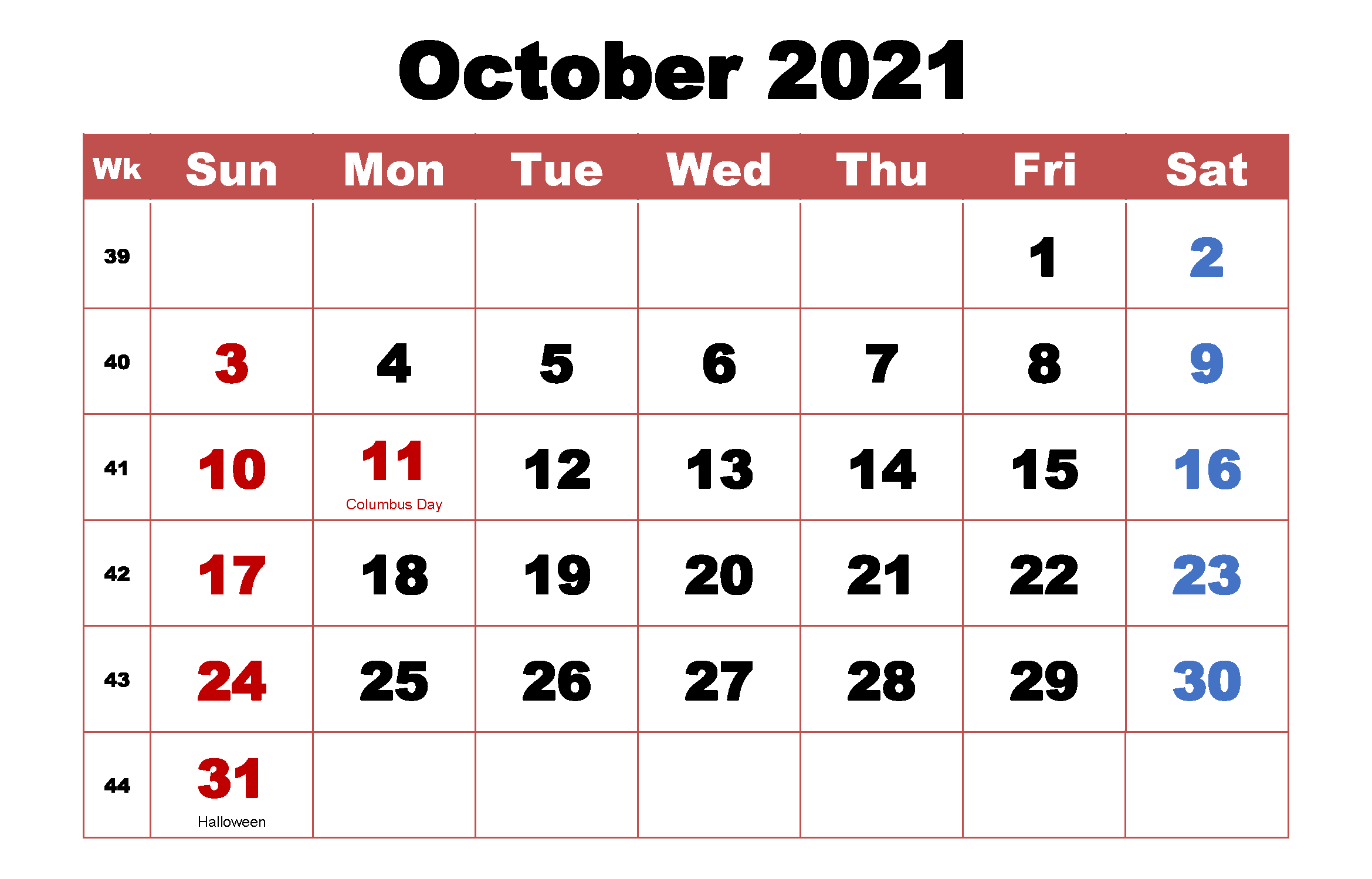 Printable October Calendar 2021