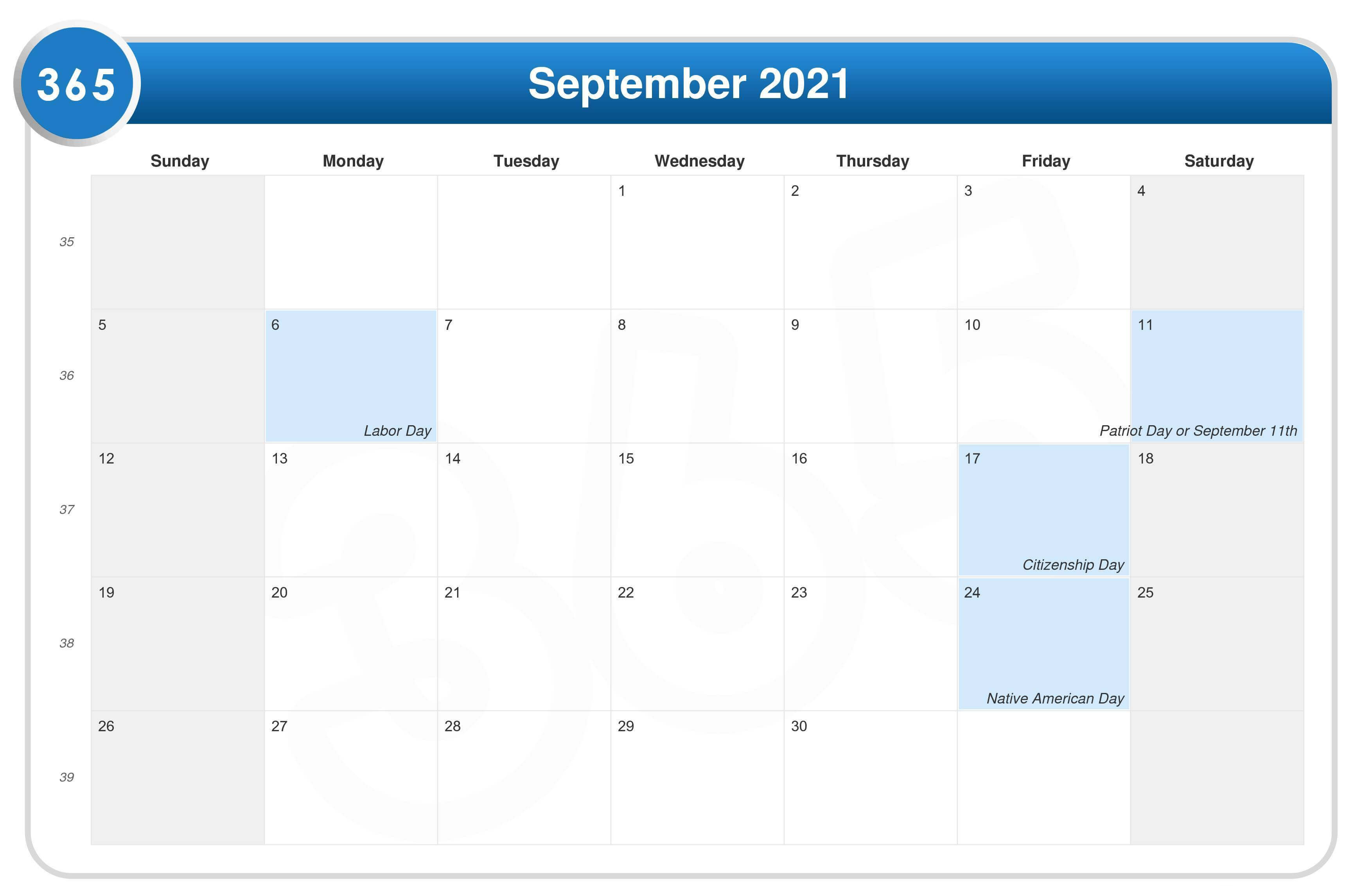 september 2021 calendar with holidays