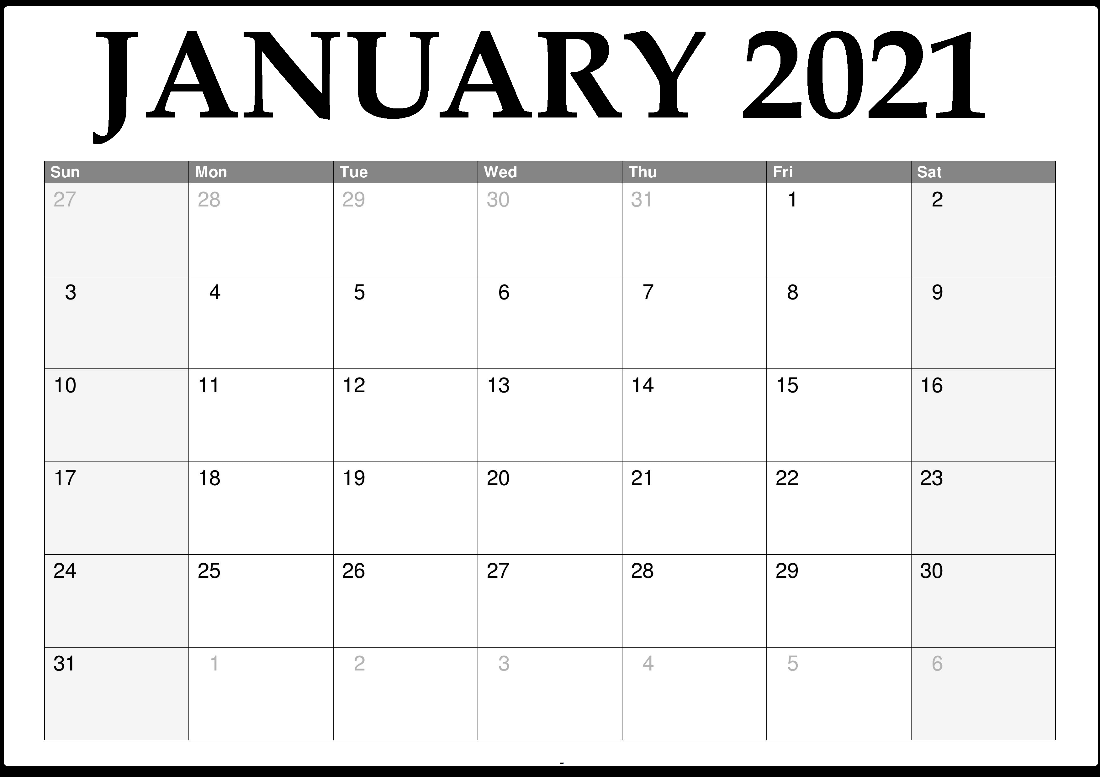 2021 January Printable Calendar