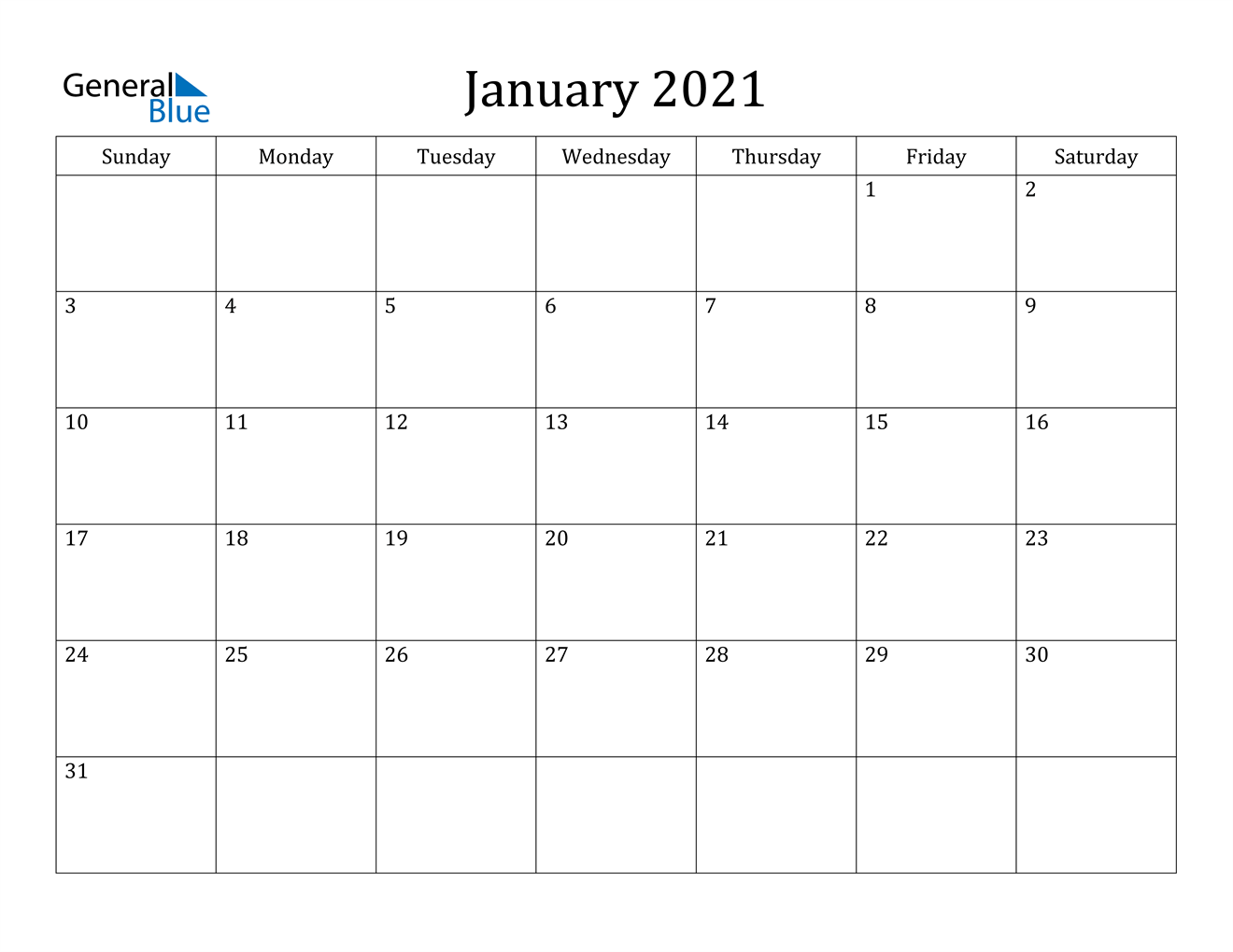Blank Calendar Pages January 2021