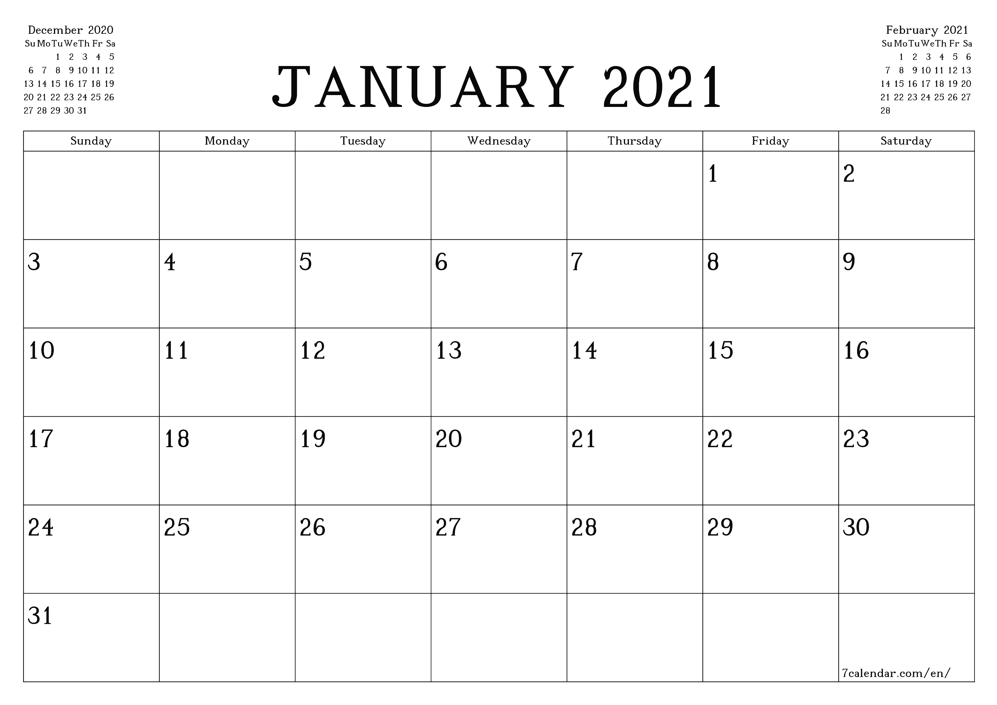 Blank Calendar Template January 2021