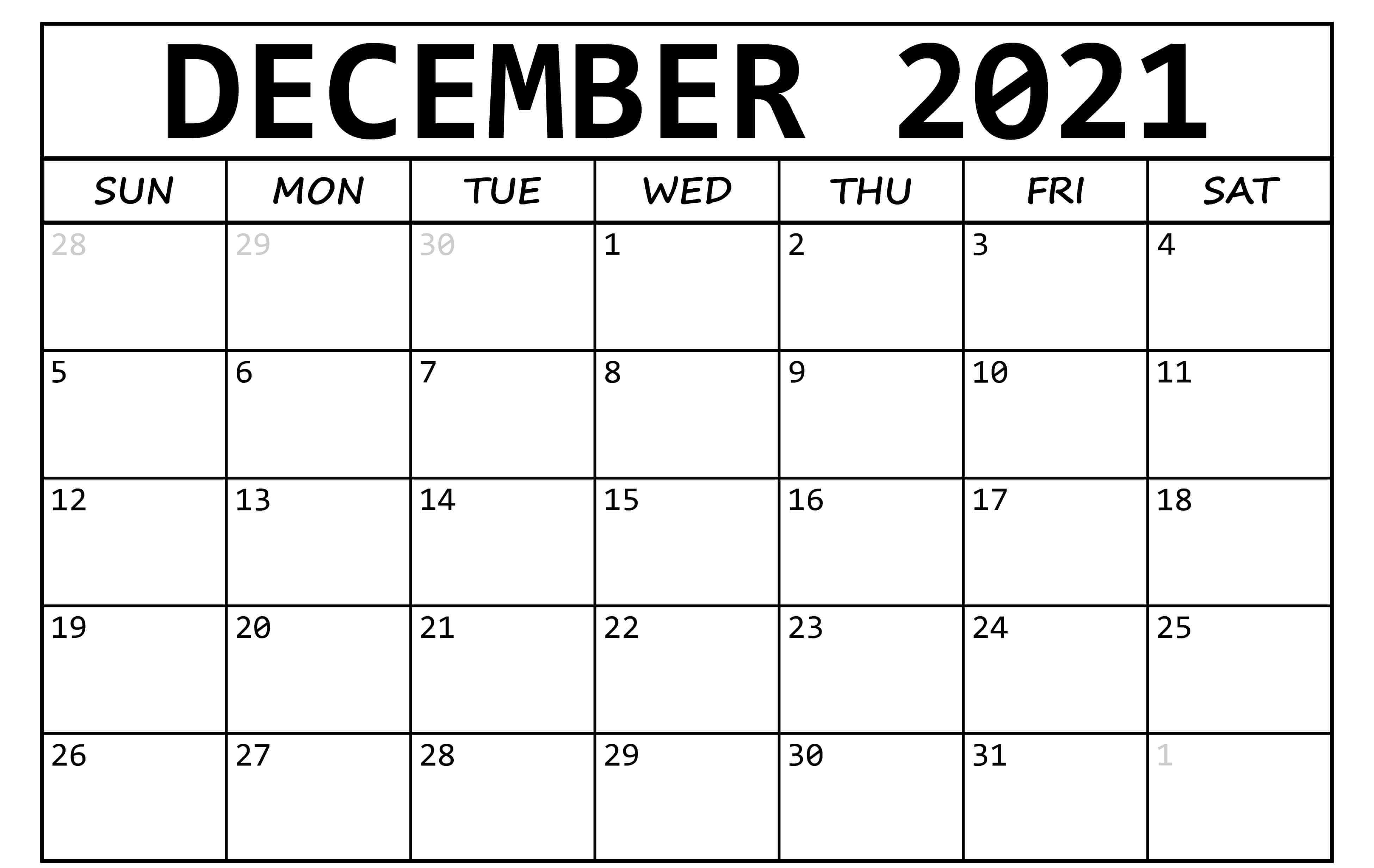 Blank December 2021 Calendar PDF