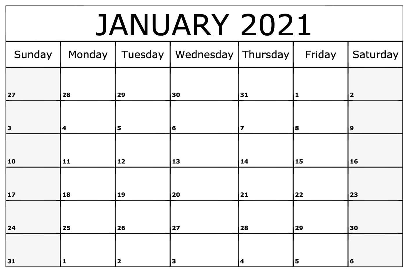 Blank January 2021 Calendar Editable