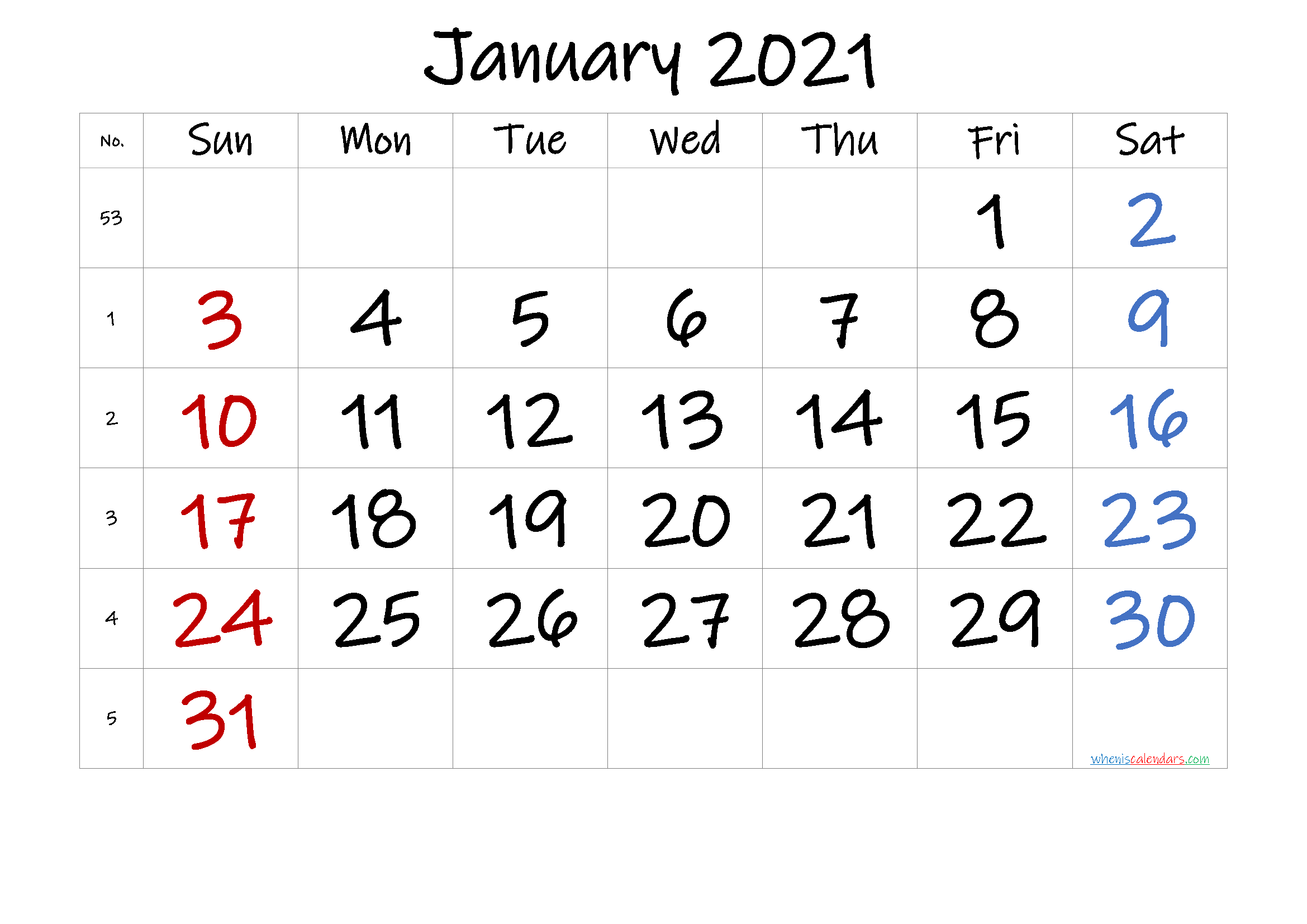 Blank January 2021 Calendar PDF