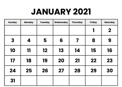 Blank January 2021 Printable Calendar