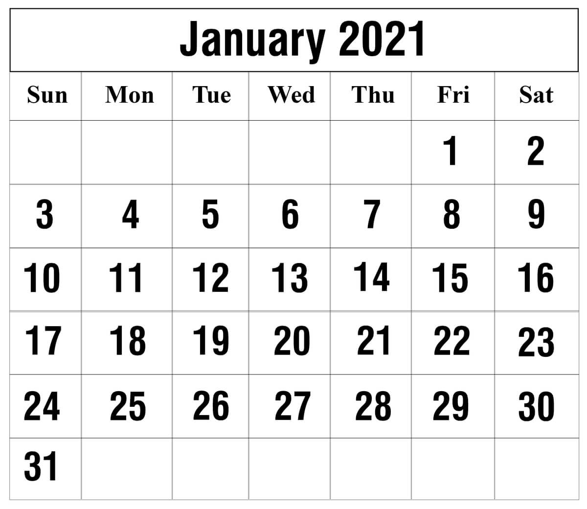 Blank Monthly Calendar January 2021