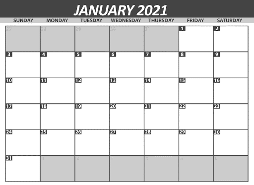 Editable Calendar Template January 2021