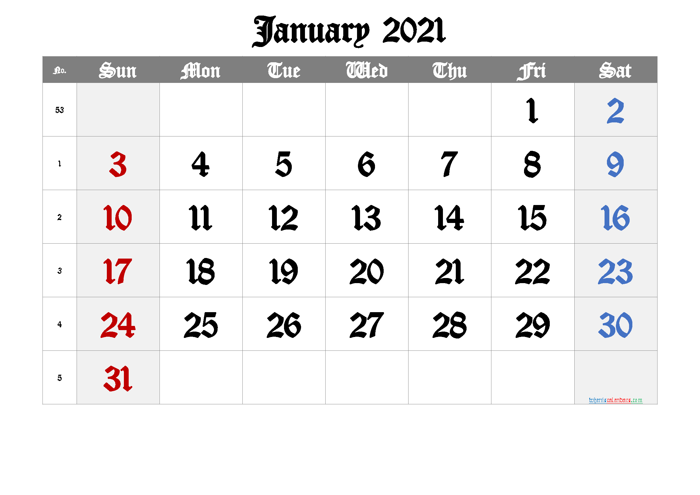 Editable January 2021 Calendar Blank