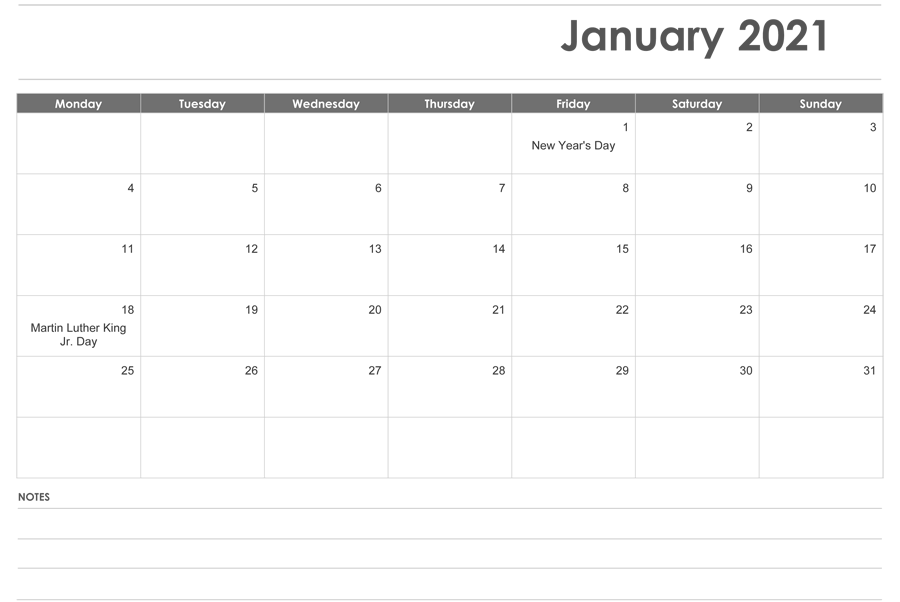 Fillable January 2021 Calendar with Notes