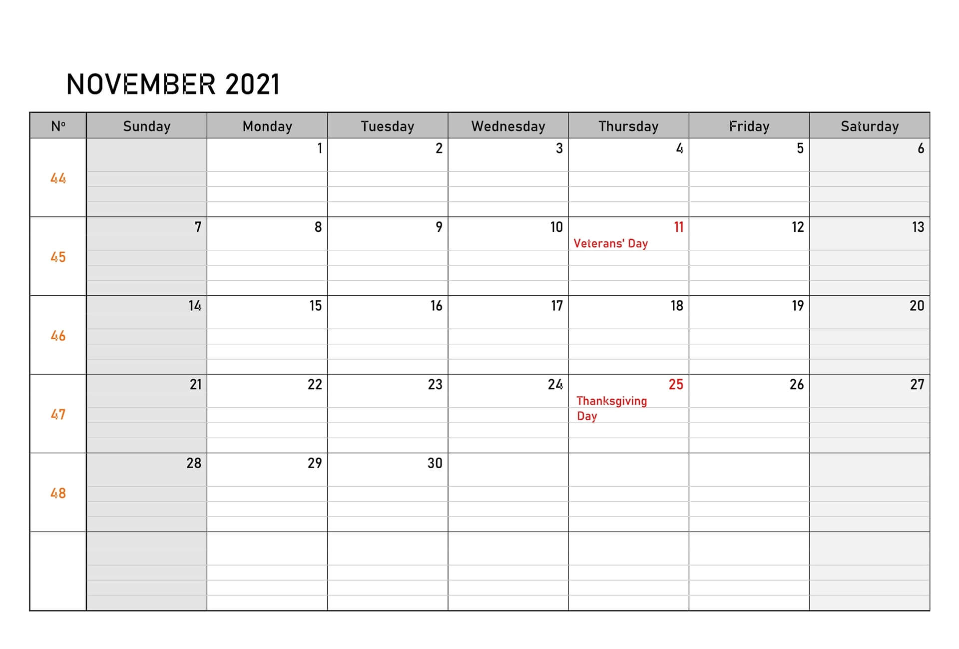 November 2021 Calendar With Holidays