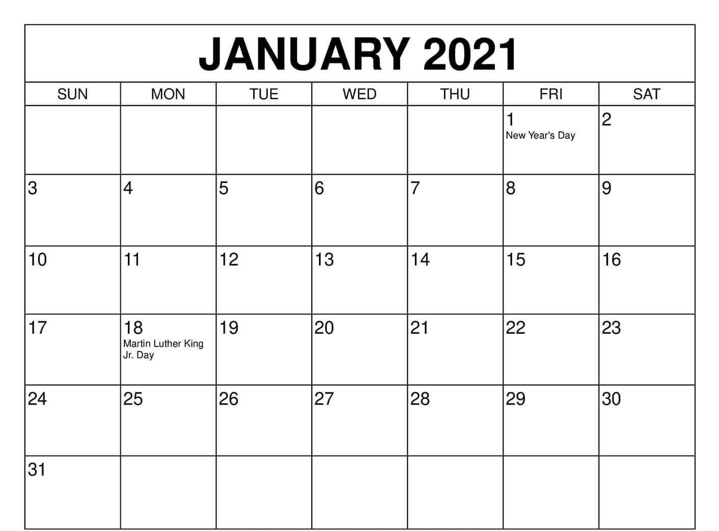Print January Calendar 2021 With Holidays