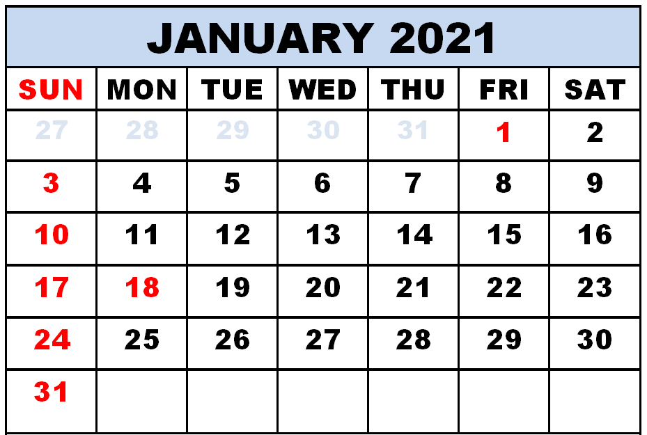 Printable January 2021 Calendar Template