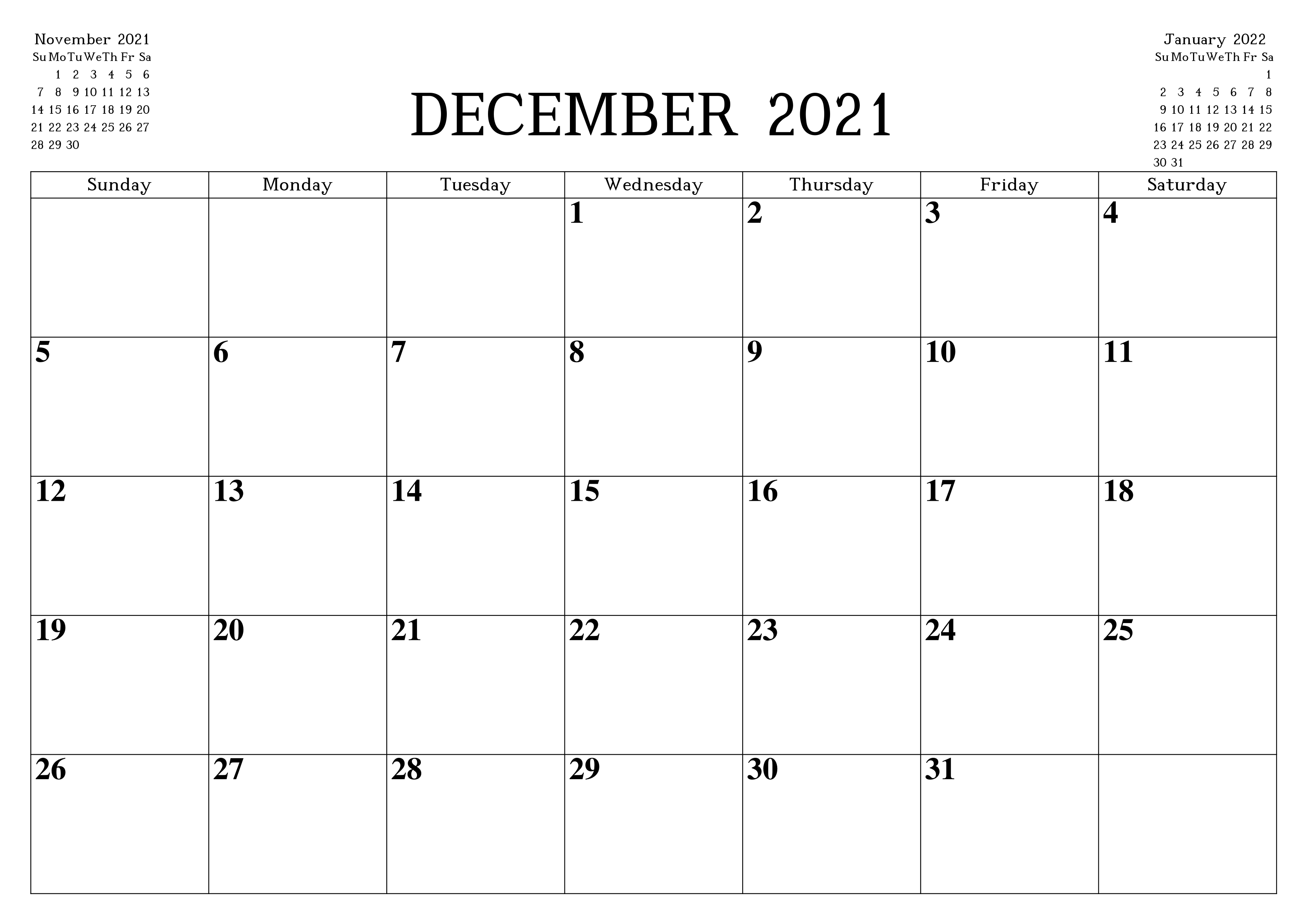 2021 Blank December Calendar