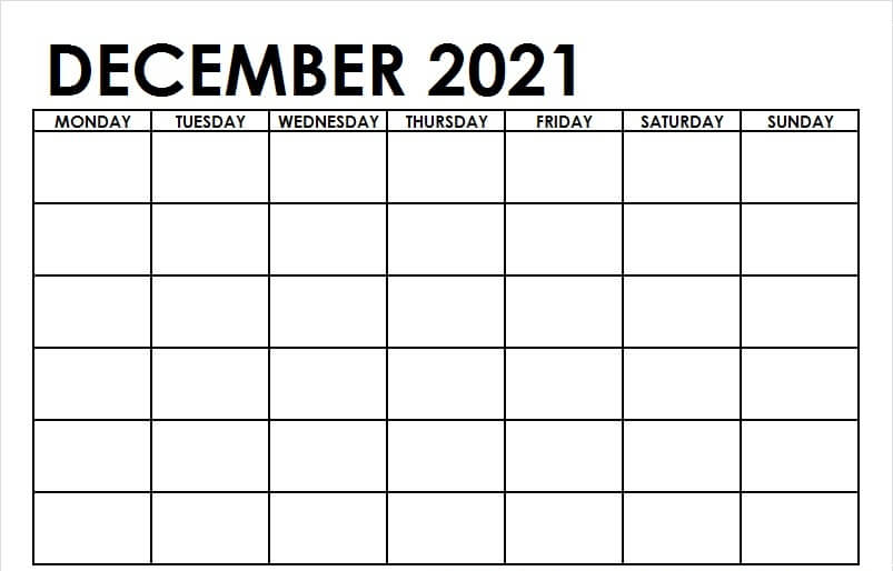 Blank December 2021 Calendar Word