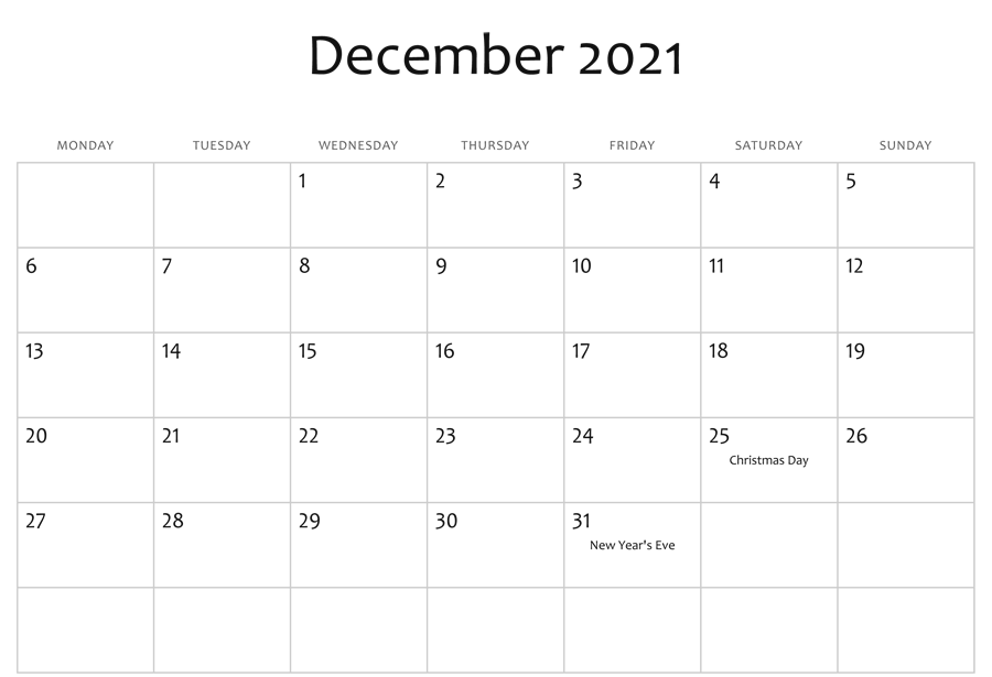 Calendar For December 2021 Excel