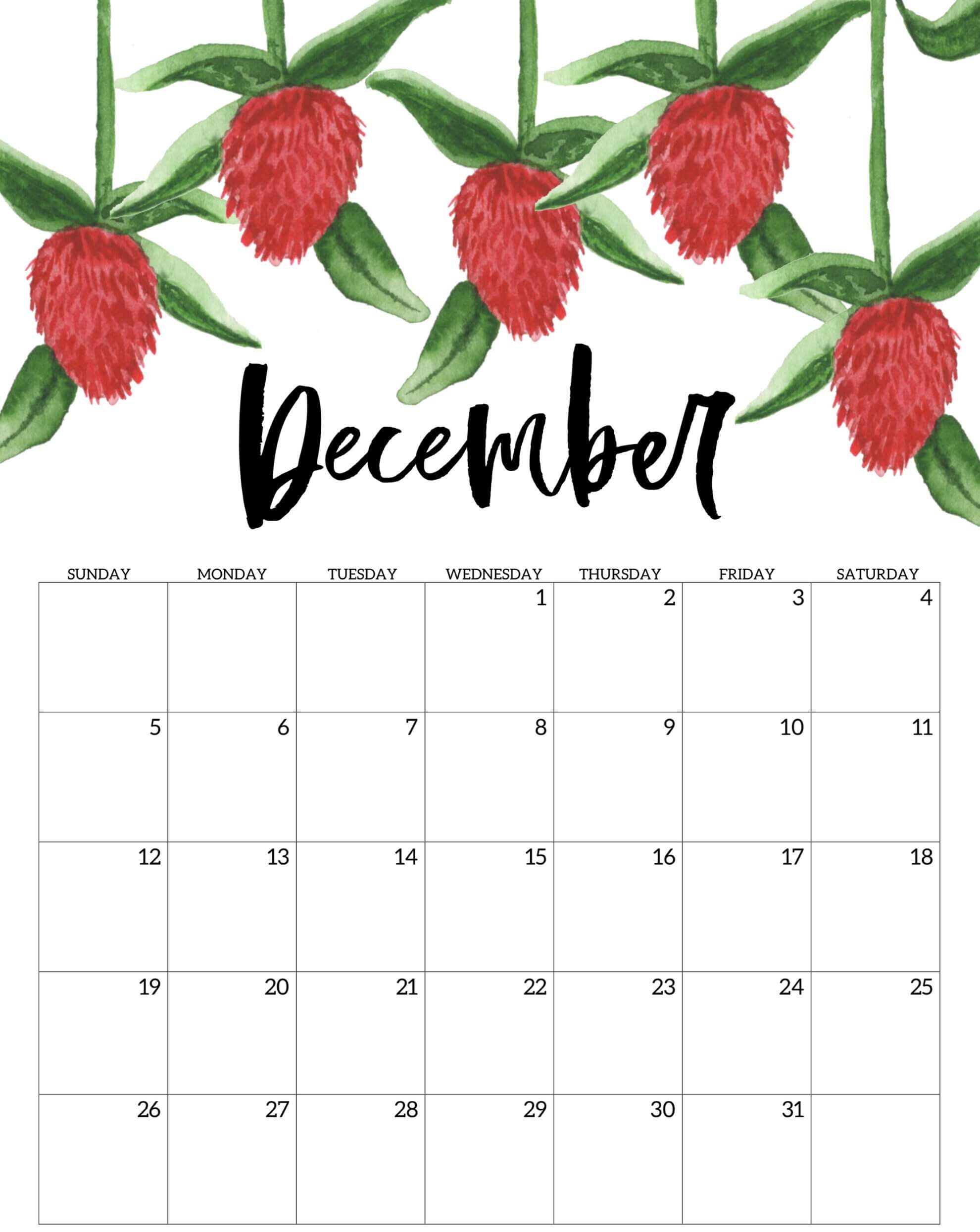 Cute December 2021 Floral Calendar