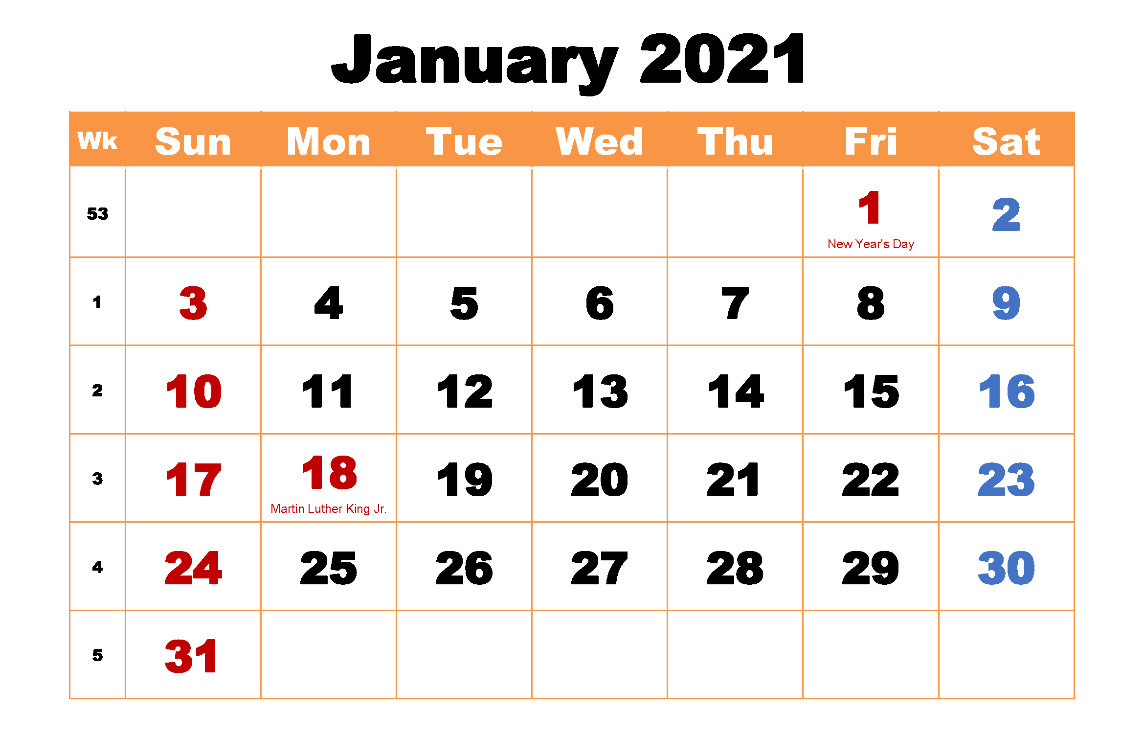 Cute January 2020 Calendar with Holidays