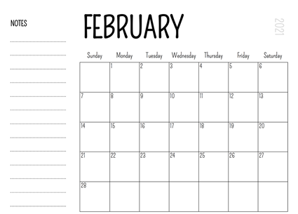 February 2021 Printable Calendar with Notes