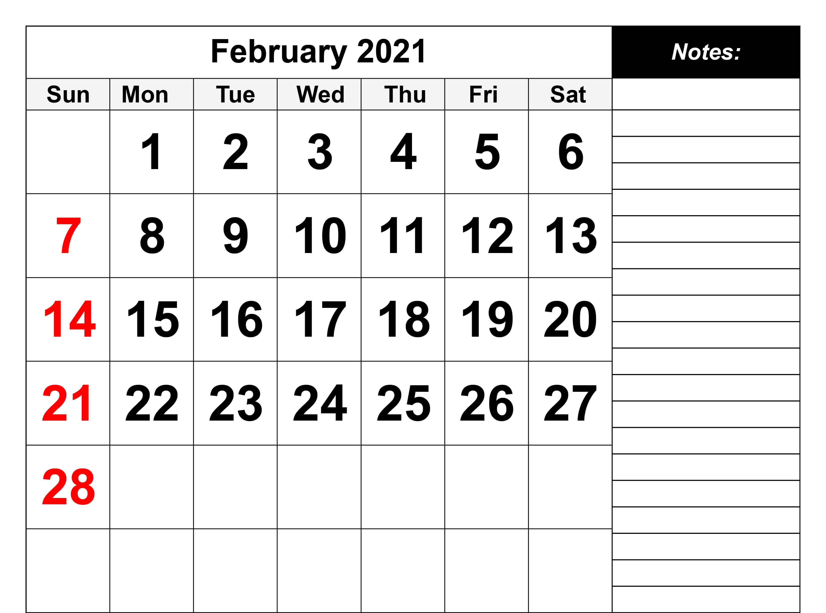Free Printable February 2021 Calendar Blank
