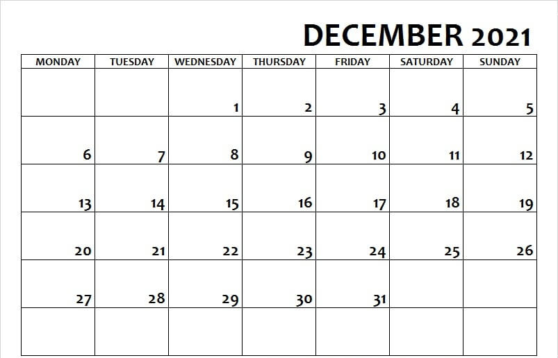 Monthly Calendar Template December 2021
