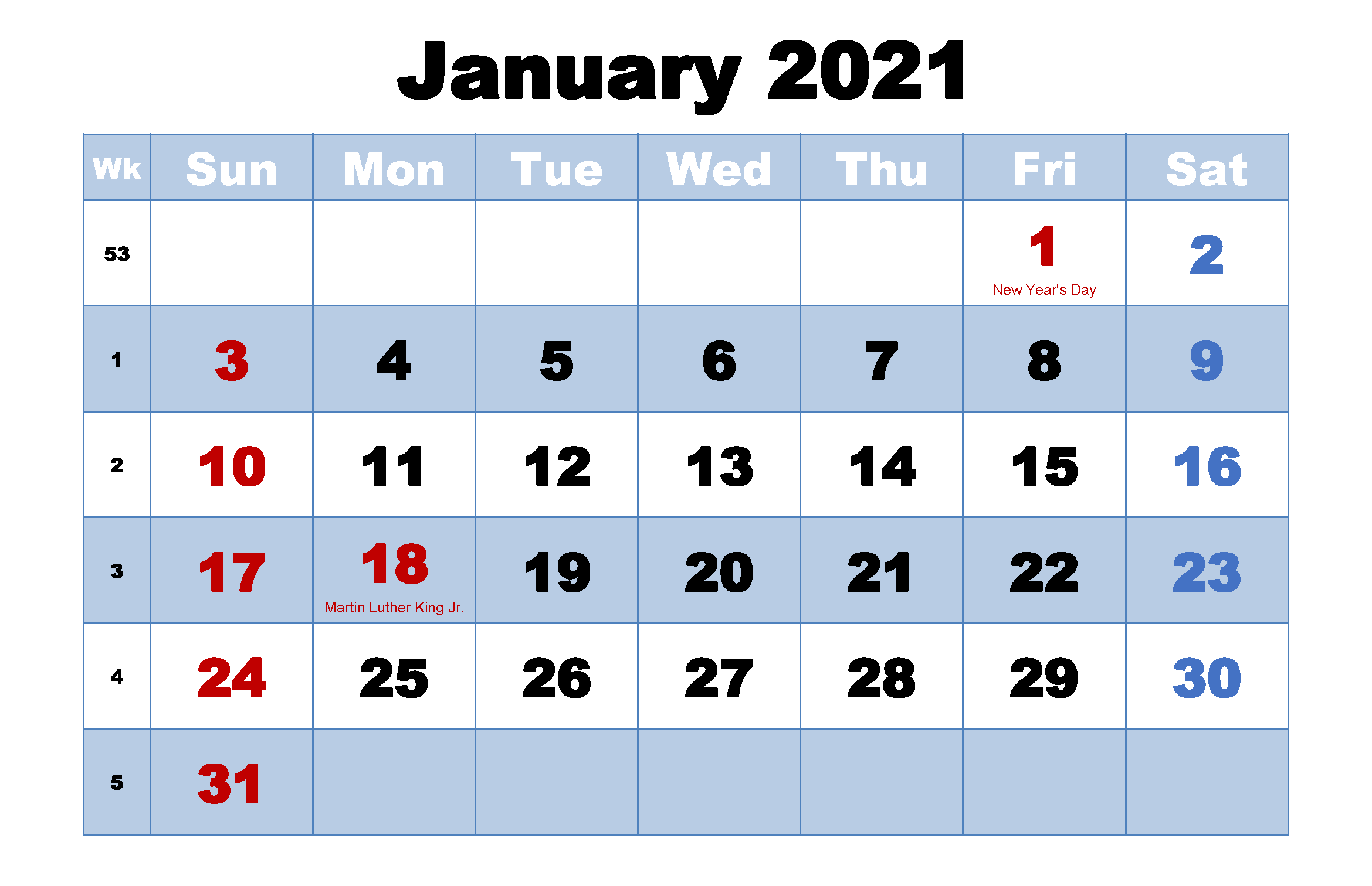 Monthly Holidays Calendar january 2021