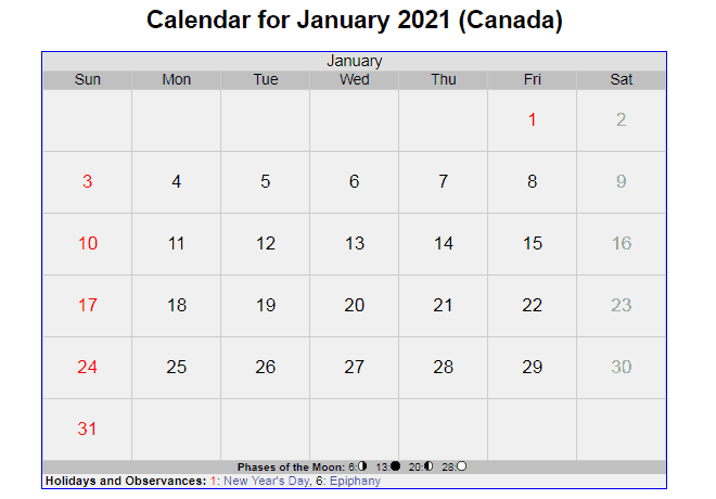 january 2021 Calendar with holidays Canada